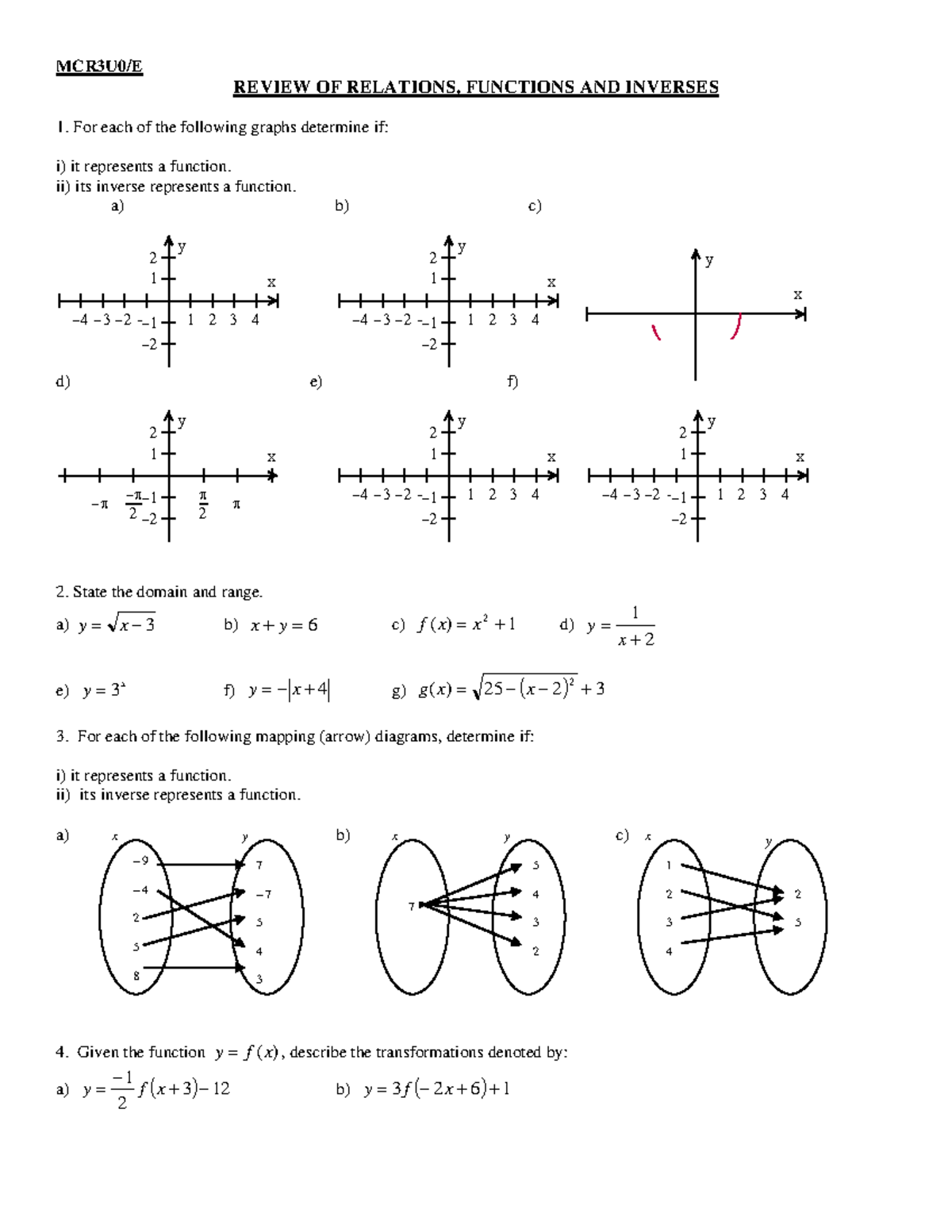 Final Course Review MCR - MCR3U0/E REVIEW OF RELATIONS, FUNCTIONS AND ...