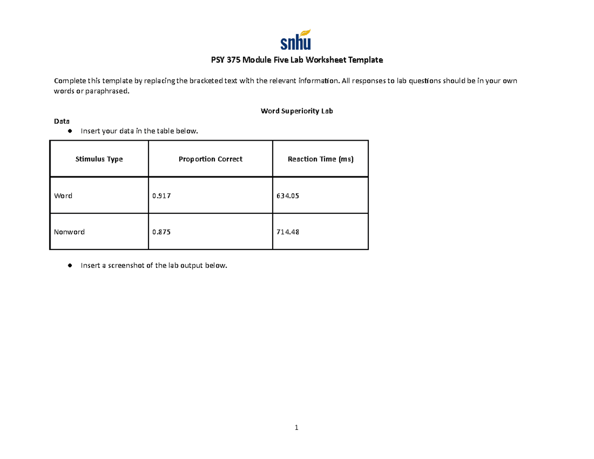 PSY 375 Module Five Lab Worksheet Template - PSY 375 Module Five Lab ...