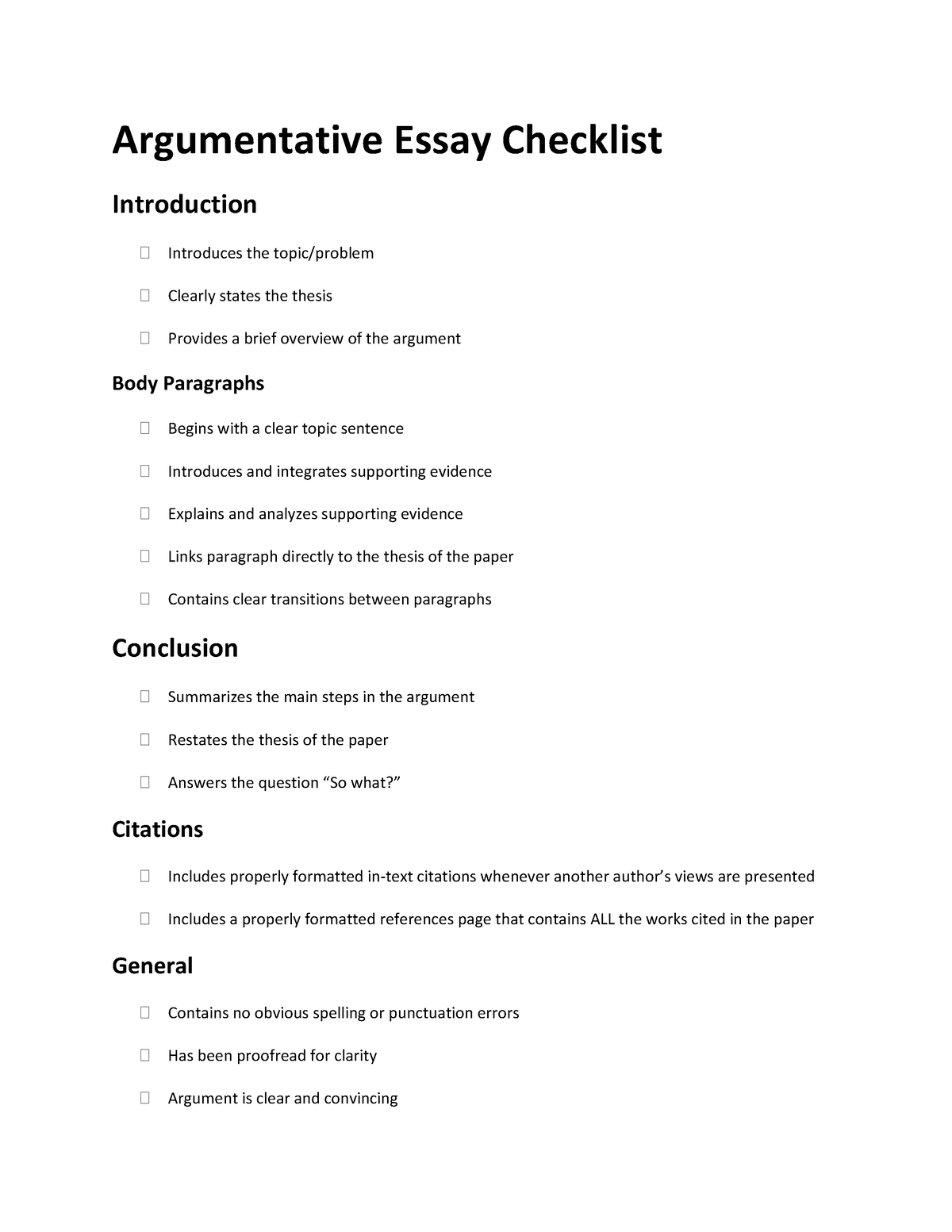 argumentative essay checklist high school