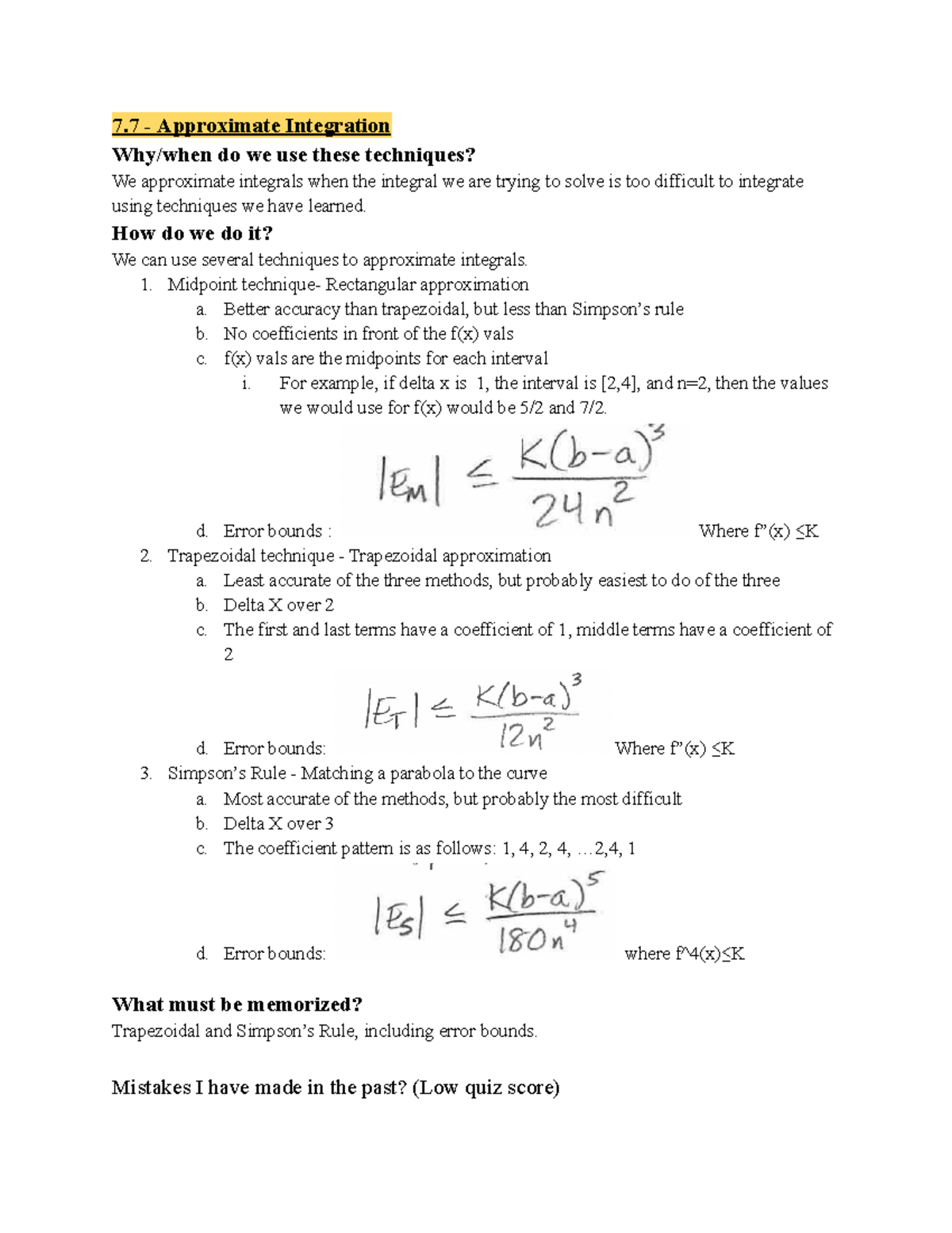 Calc 2 - Exam 2 Study Guide - 7 - Approximate Integration Why/when Do ...