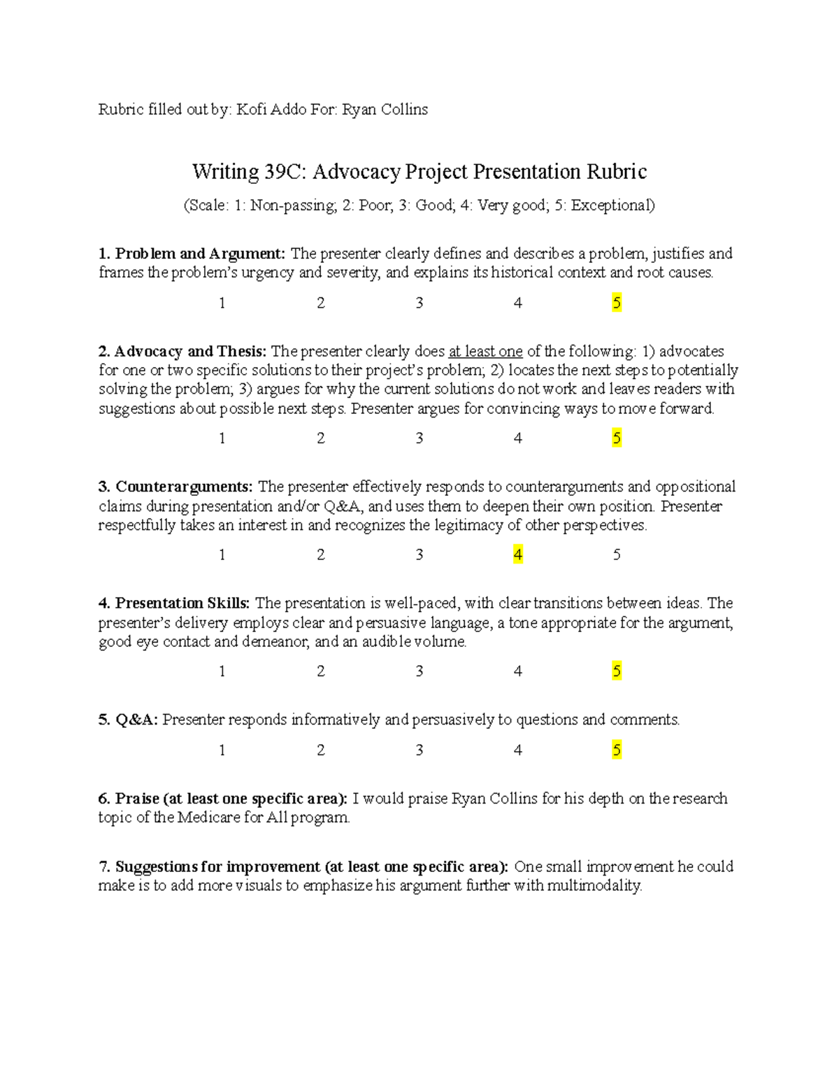 Ap Presentation Rubric Rubric Filled Out By Kofi Addo For Ryan Collins Writing 39c Advocacy