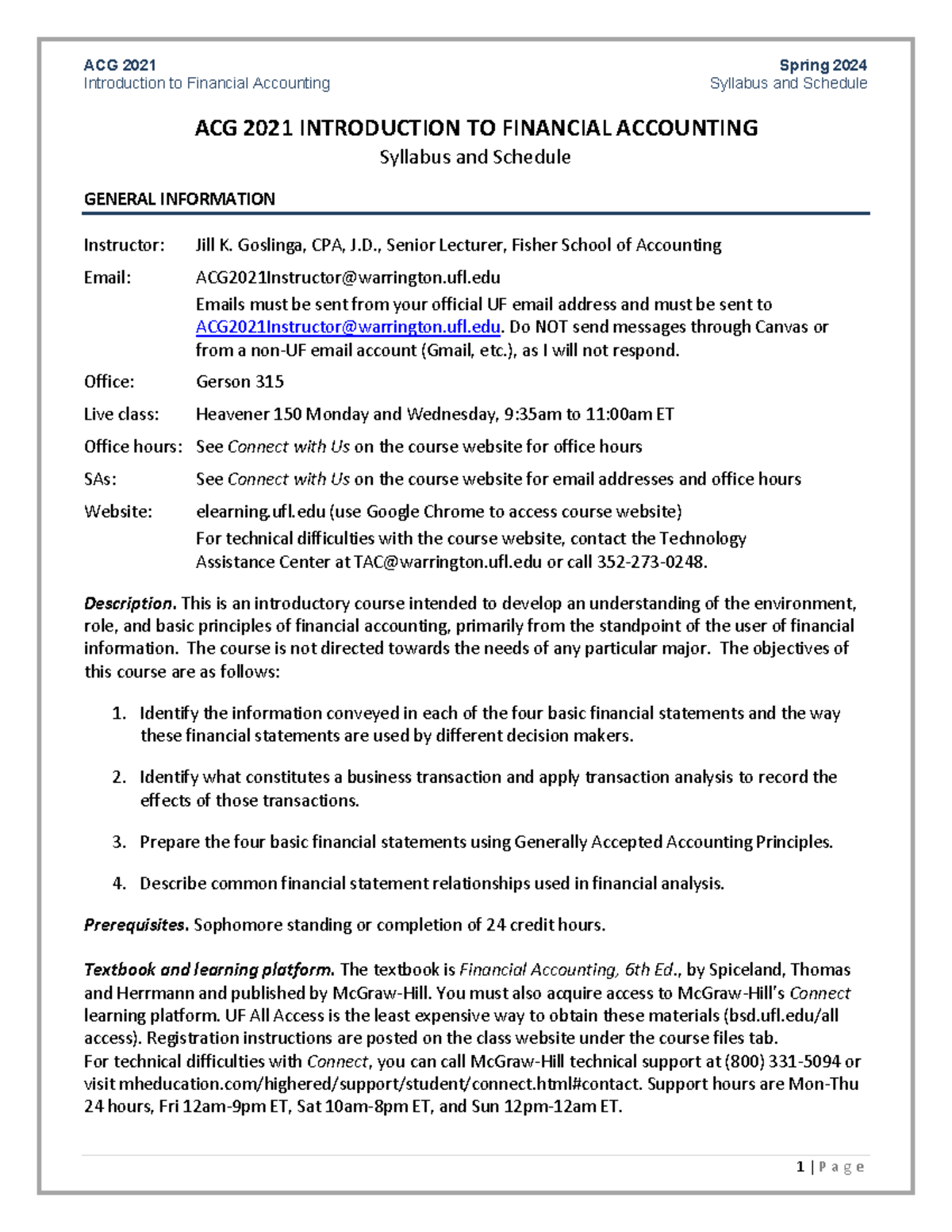 Intro To Financial Accounting Syllabus - Goslinga, CPA, J., Senior ...