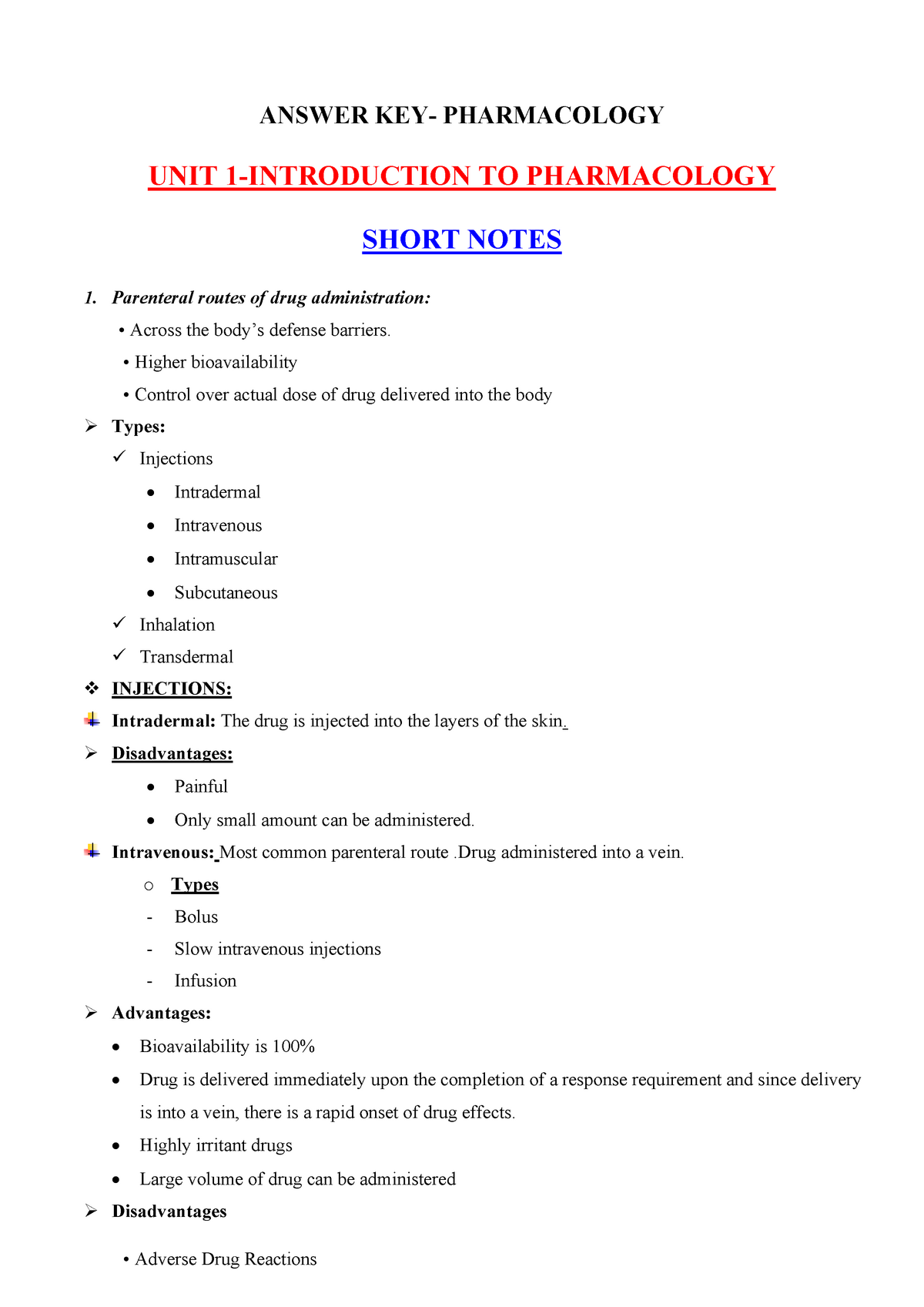 Intro To Pharmacology - ANSWER KEY- PHARMACOLOGY UNIT 1-INTRODUCTION TO ...