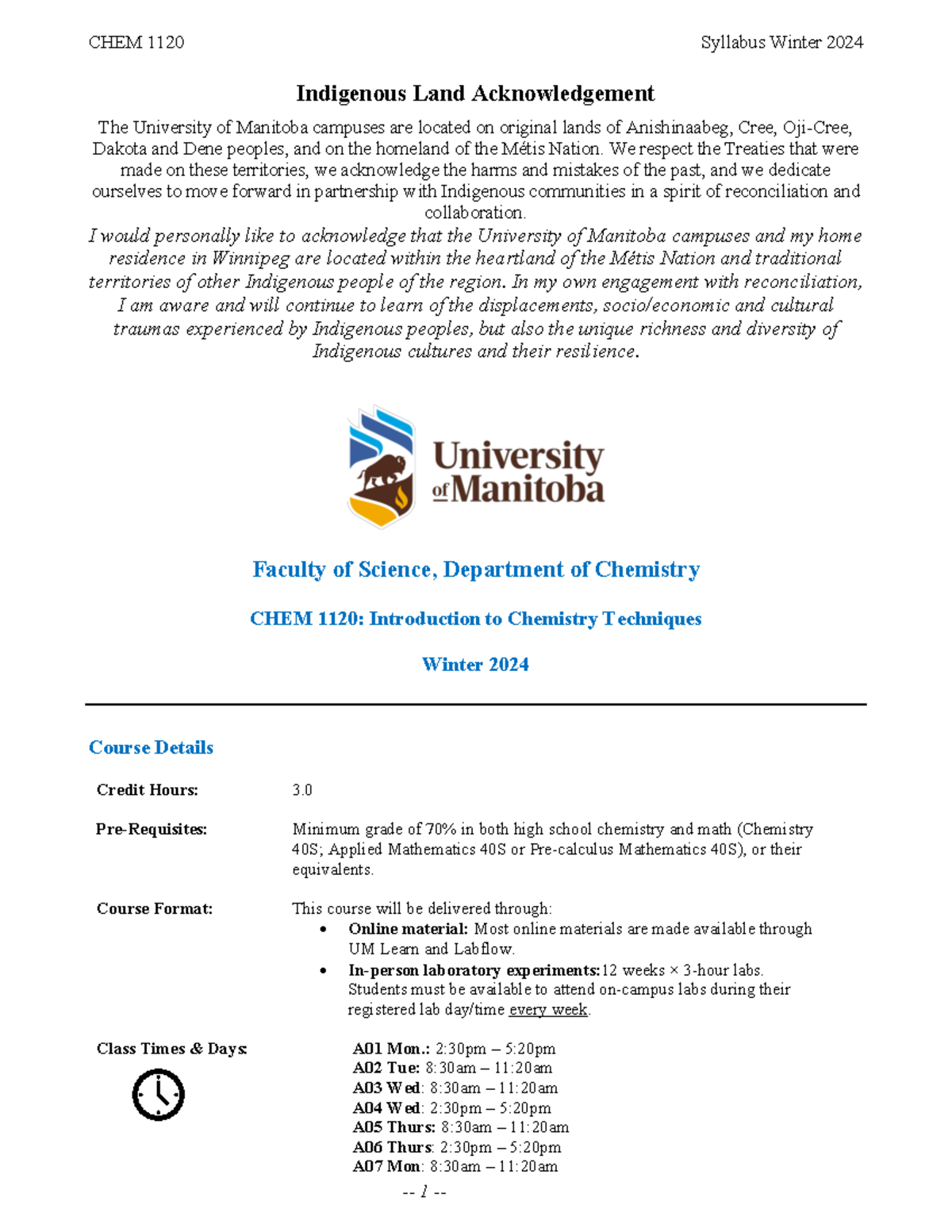 CHEM1120Winter 24-Syllabus 1 - Indigenous Land Acknowledgement The ...