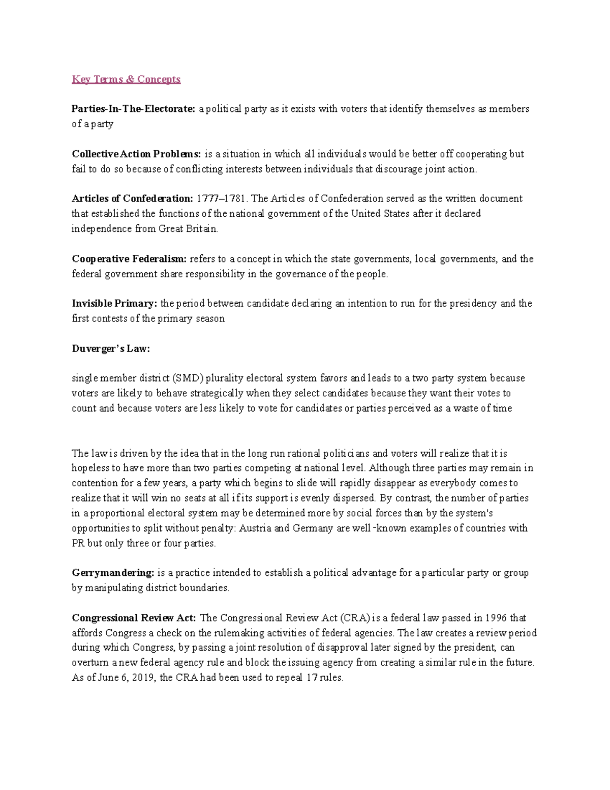 POLT 402 Midterm Exam Guide - Key Terms & Concepts Parties-In-The ...