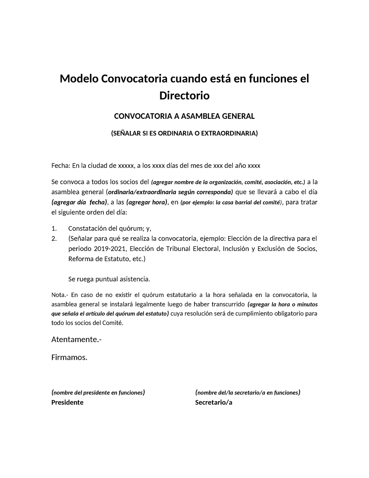 Modelos Convocatoria Modelo Convocatoria Cuando Est En Funciones El