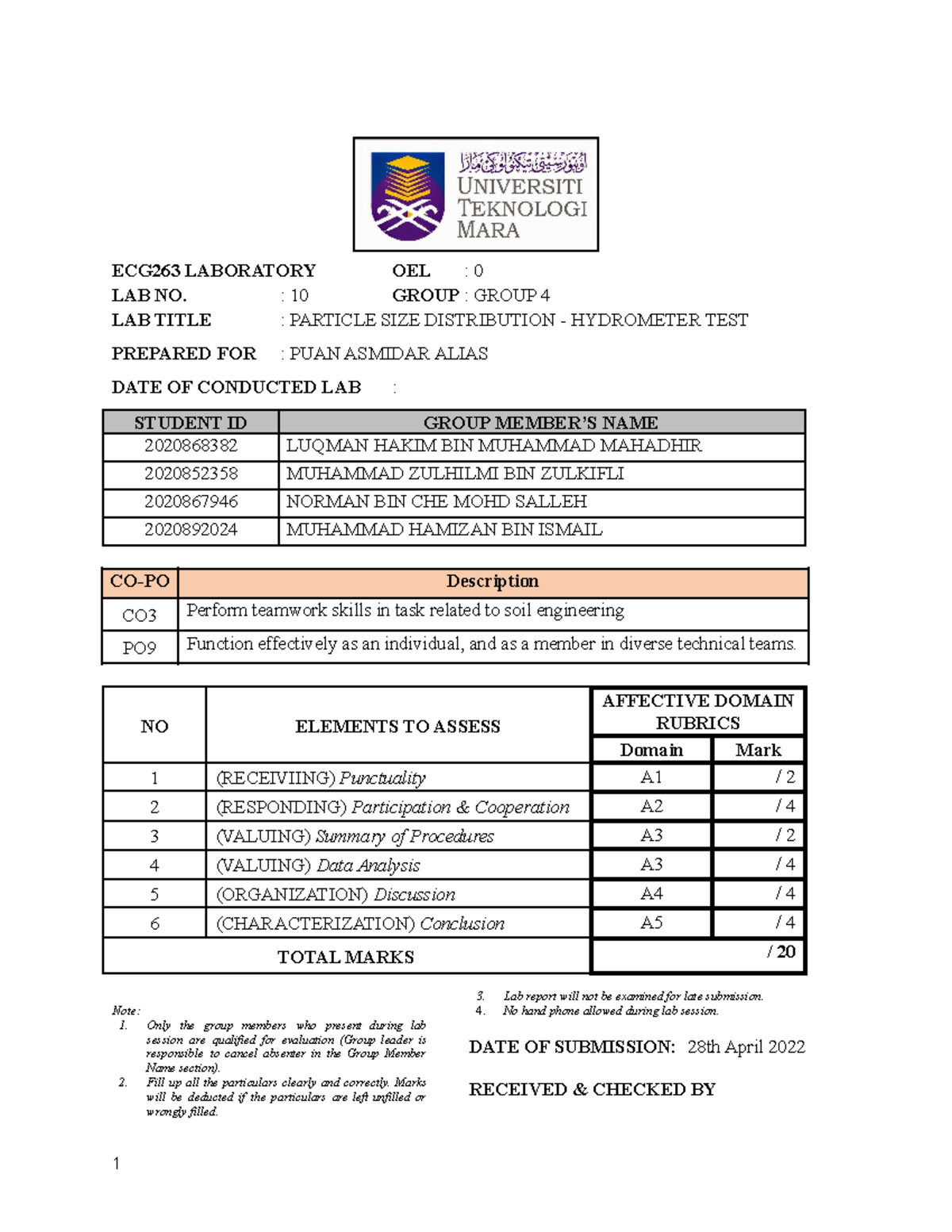 Particle SIZE Distribution Hydrometer TEST ECG263 LABORATORY OEL