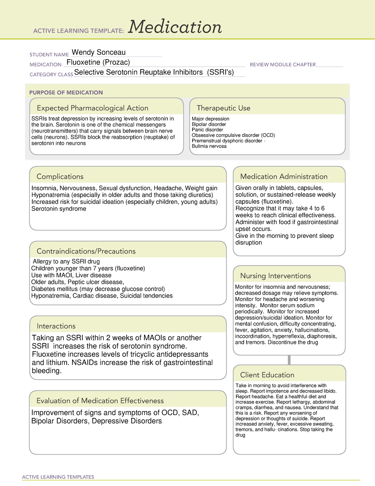 Fluoxetine (Prozac) Drug Card ACTIVE LEARNING TEMPLATES Medication