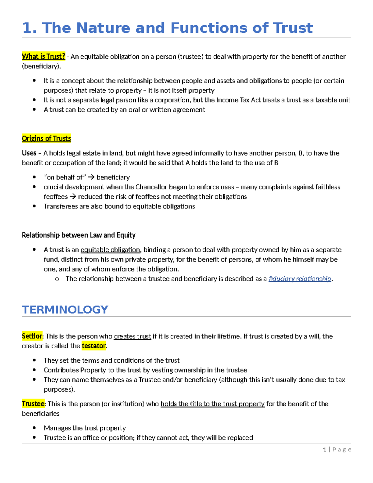 Detailed CANs LAW 326 Trusts 1. The Nature and Functions of Trust
