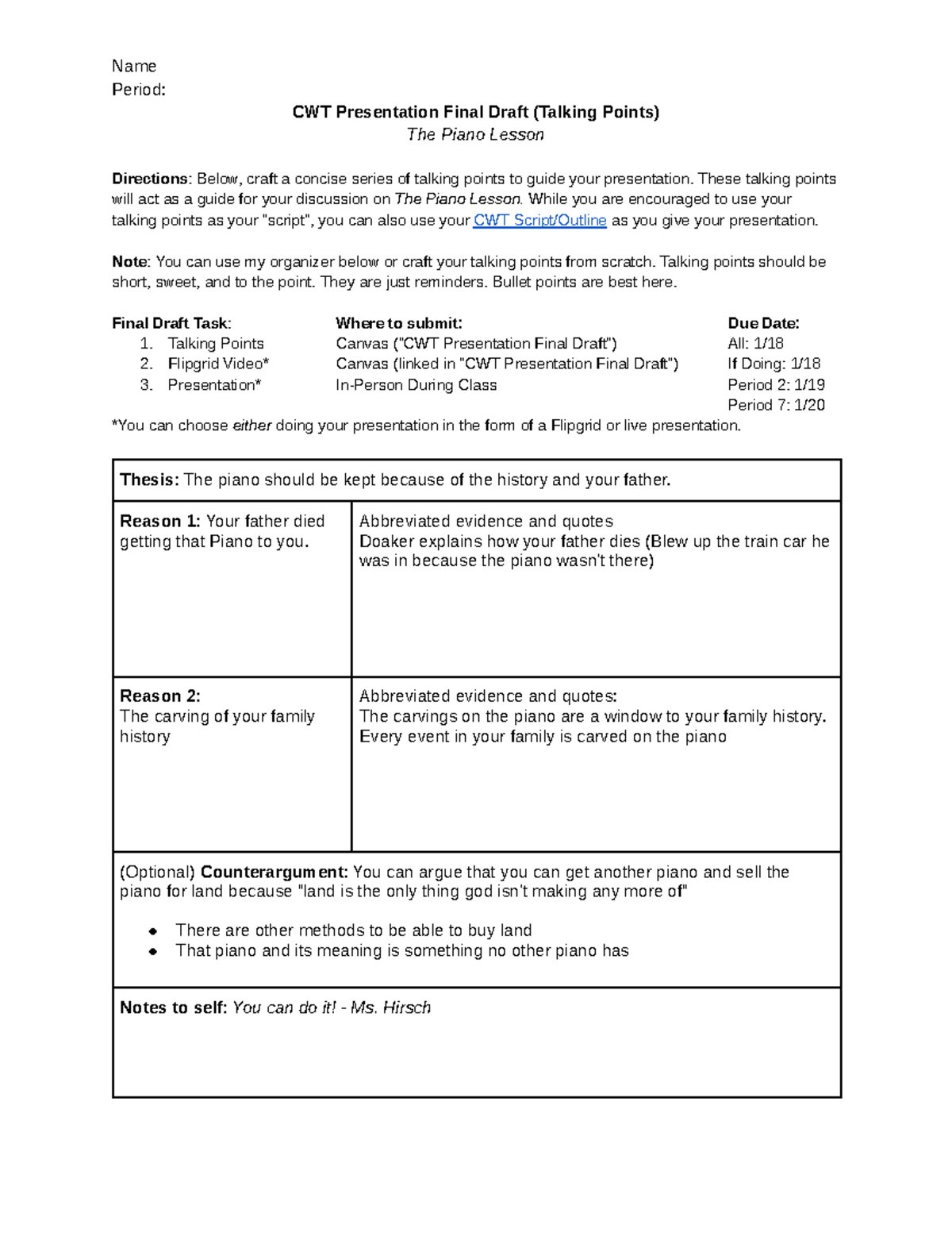 Copy of Hirsch - Talking Points Outline (Piano Lesson CWT 4 Final Draft ...