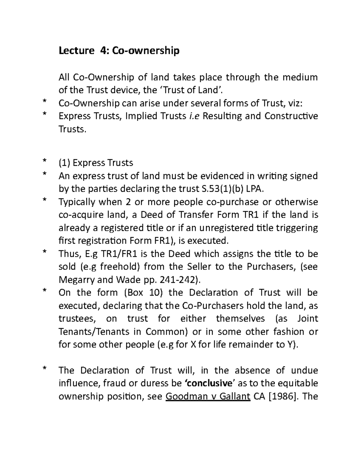 Land law lecture 4 Lecture 4 Coownership * * * * * * * * All Co