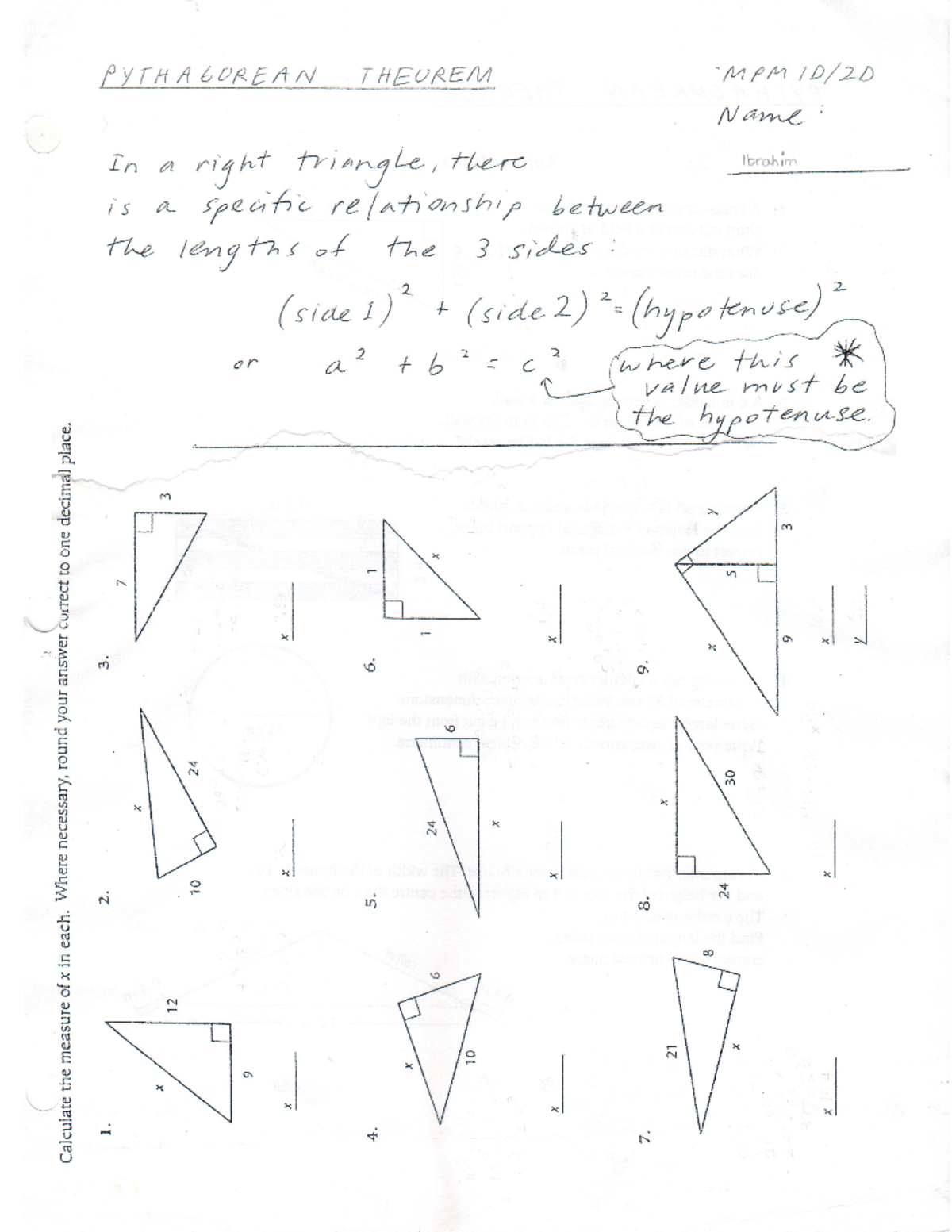 Pythagorean theorem - ... - PYTHAGOREAN THEUREM MPM Name In a right ...