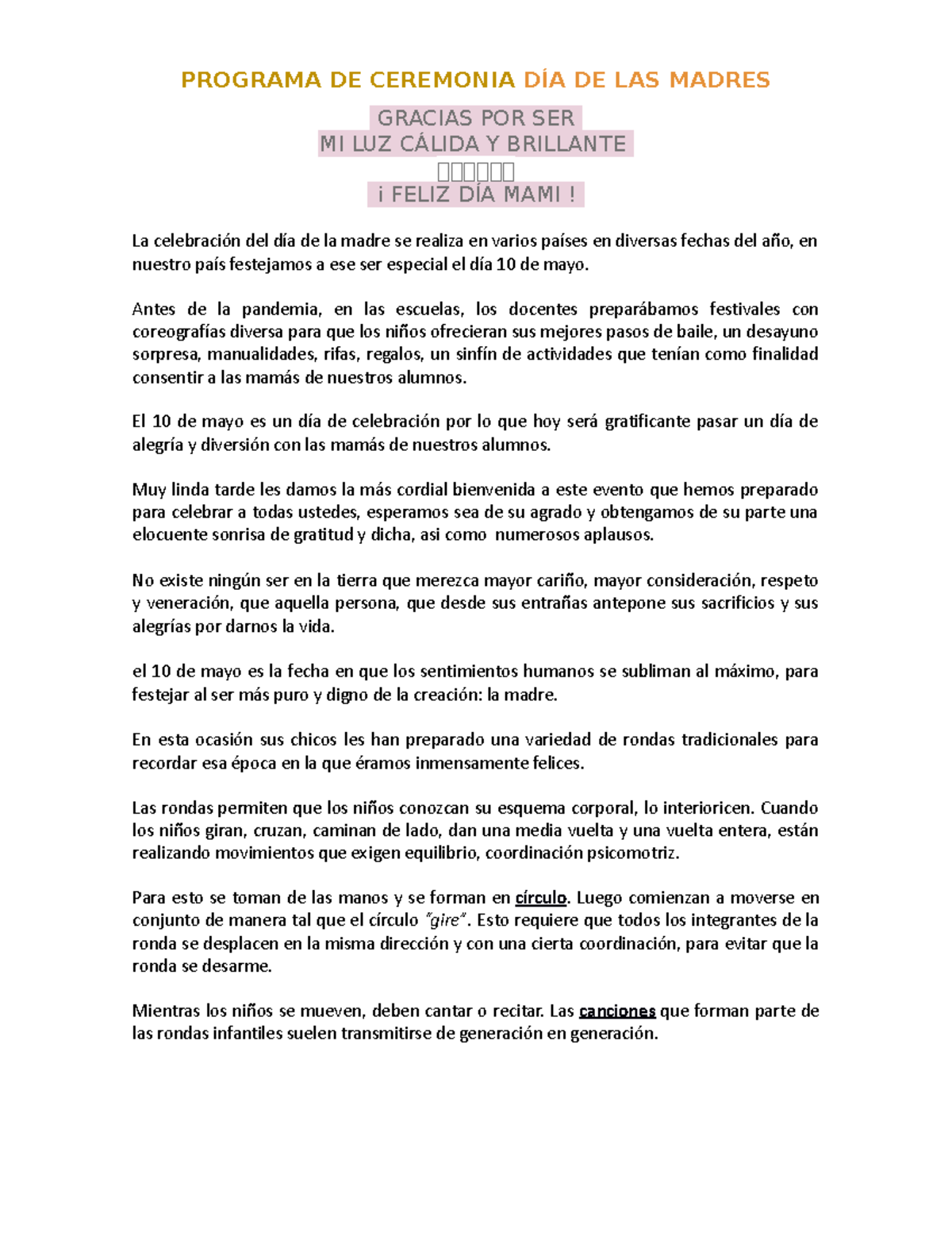 Programa DE Ceremonia 10 DE MAYO - PROGRAMA DE CEREMONIA DÍA DE LAS ...