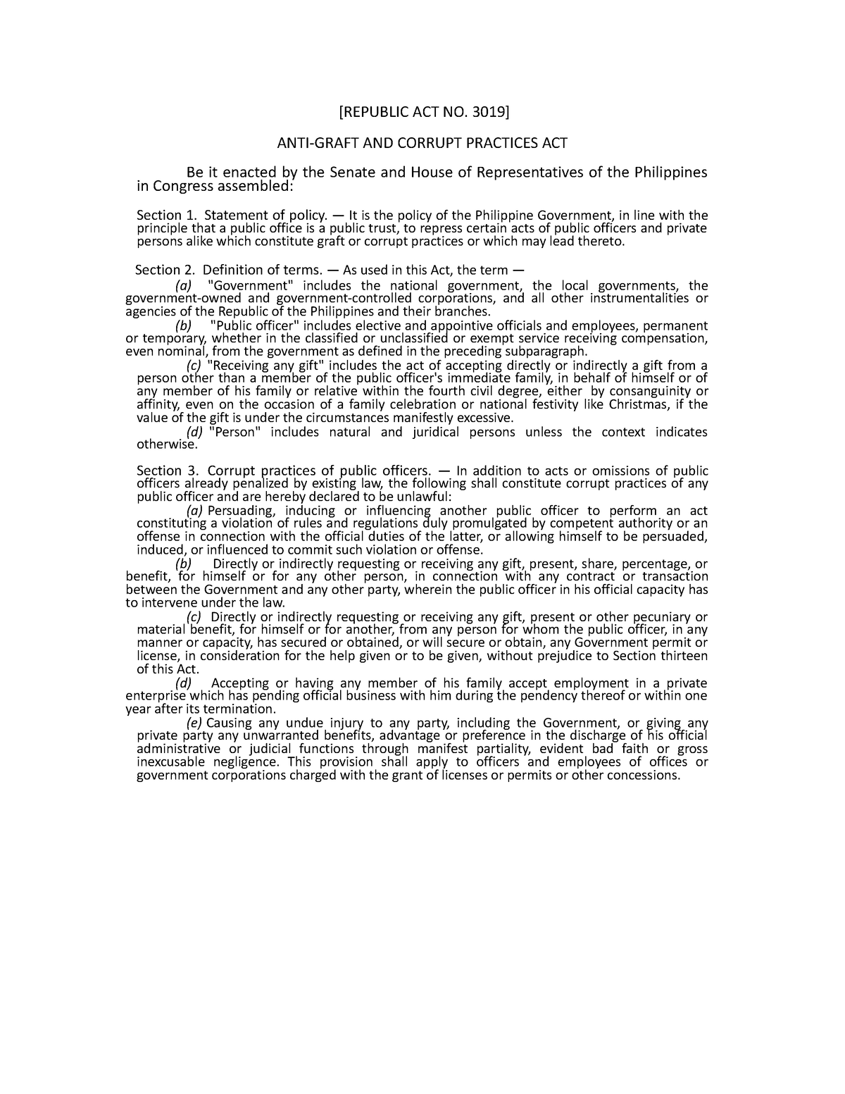 Republic Act No. 6713, 3019, 7080 - [REPUBLIC ACT NO. 3019] ANTI-GRAFT ...