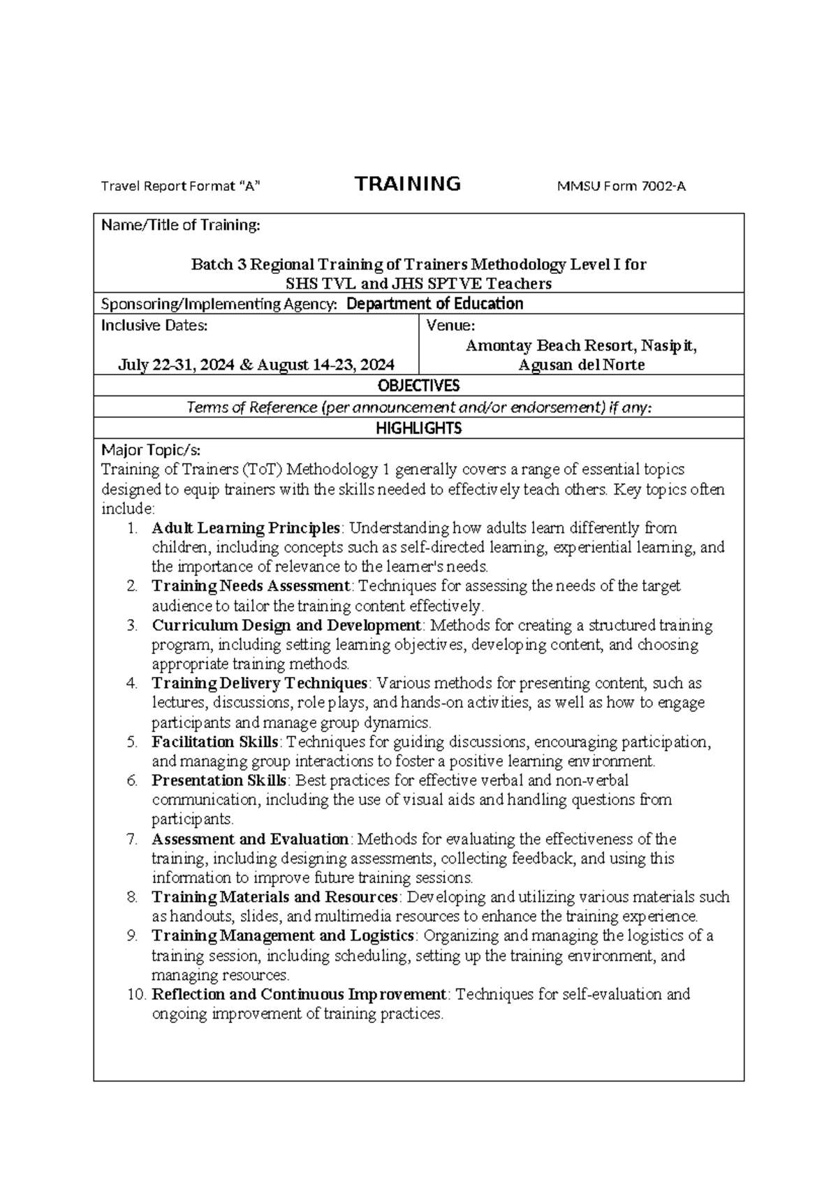 Travel Report Format A - nnn - Travel Report Format “A” TRAINING MMSU ...