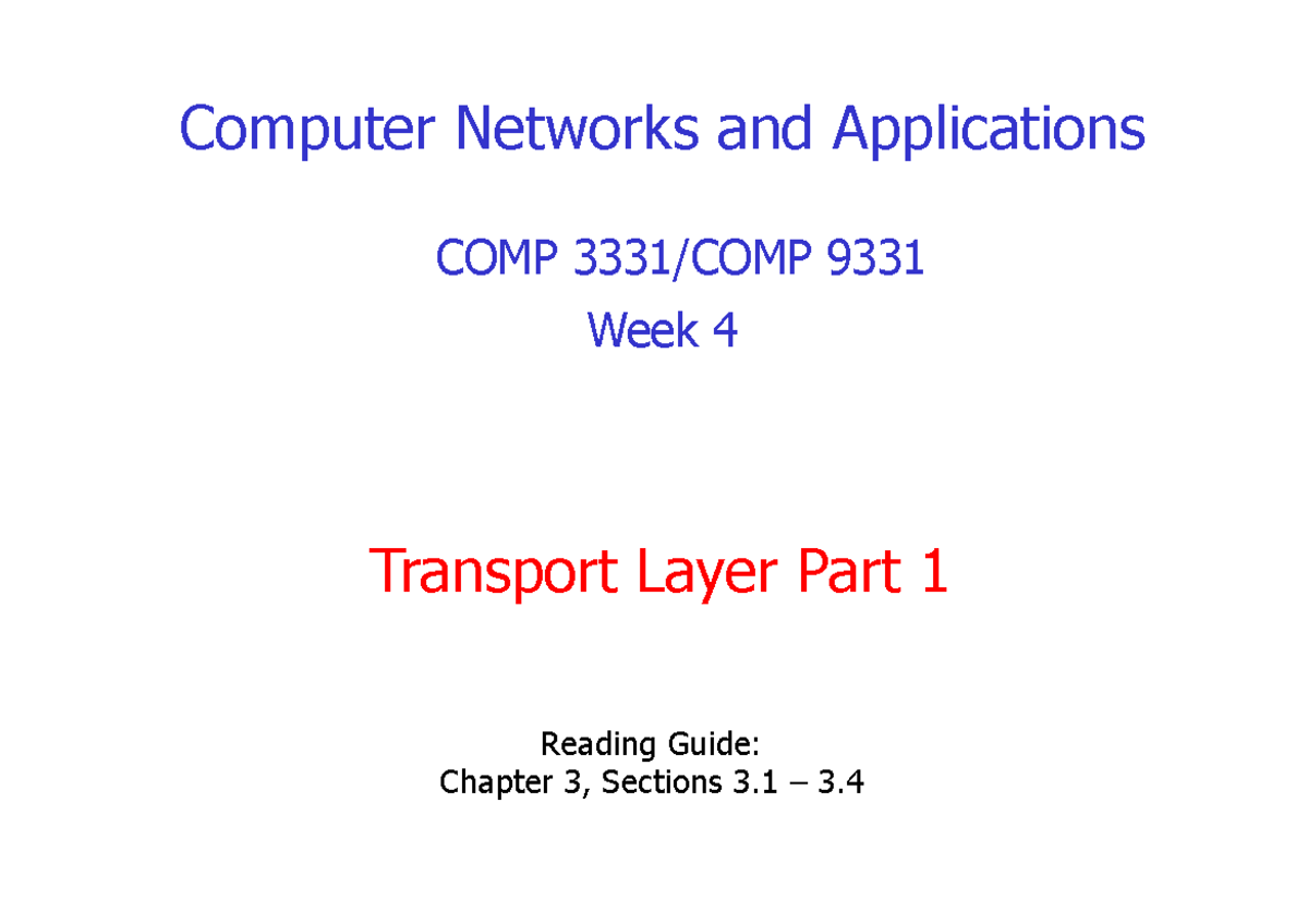 Lec6 Transport Part1 - Lecture notes 6 - Transport Layer Part 1 ...