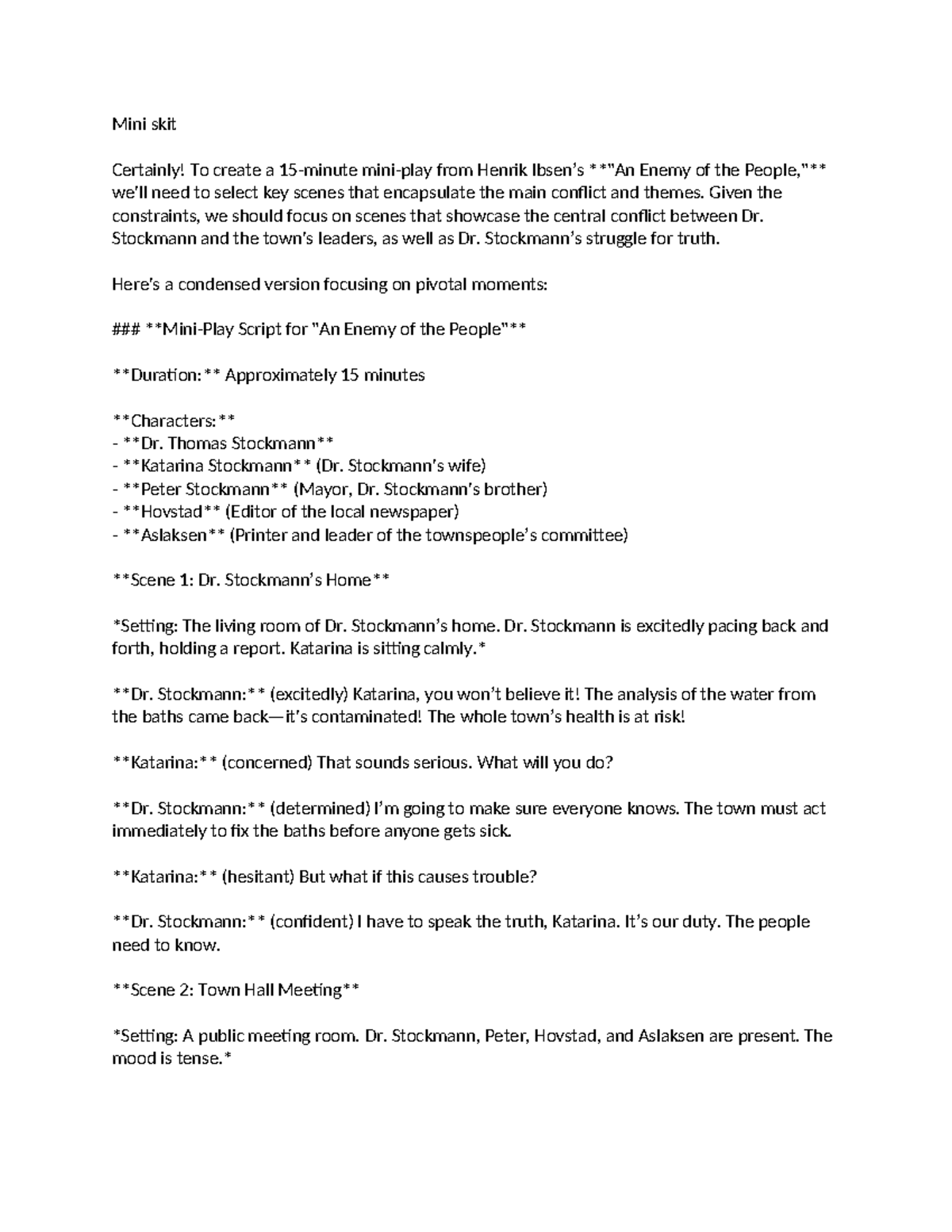 Enemy of the People - Mini skit Certainly! To create a 15-minute mini ...
