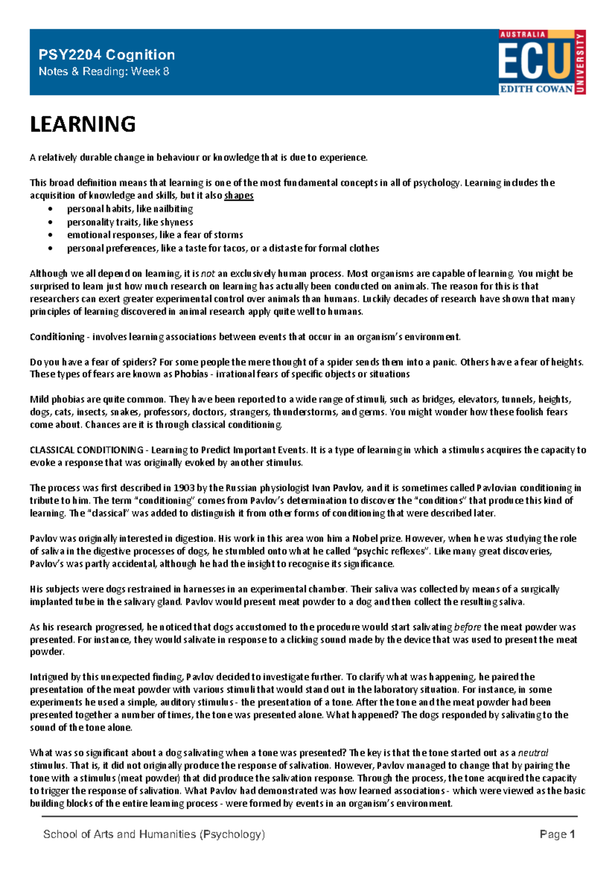 PSY2204 Week8 Notes and Reading - Notes & Reading: Week 8 LEARNING A ...