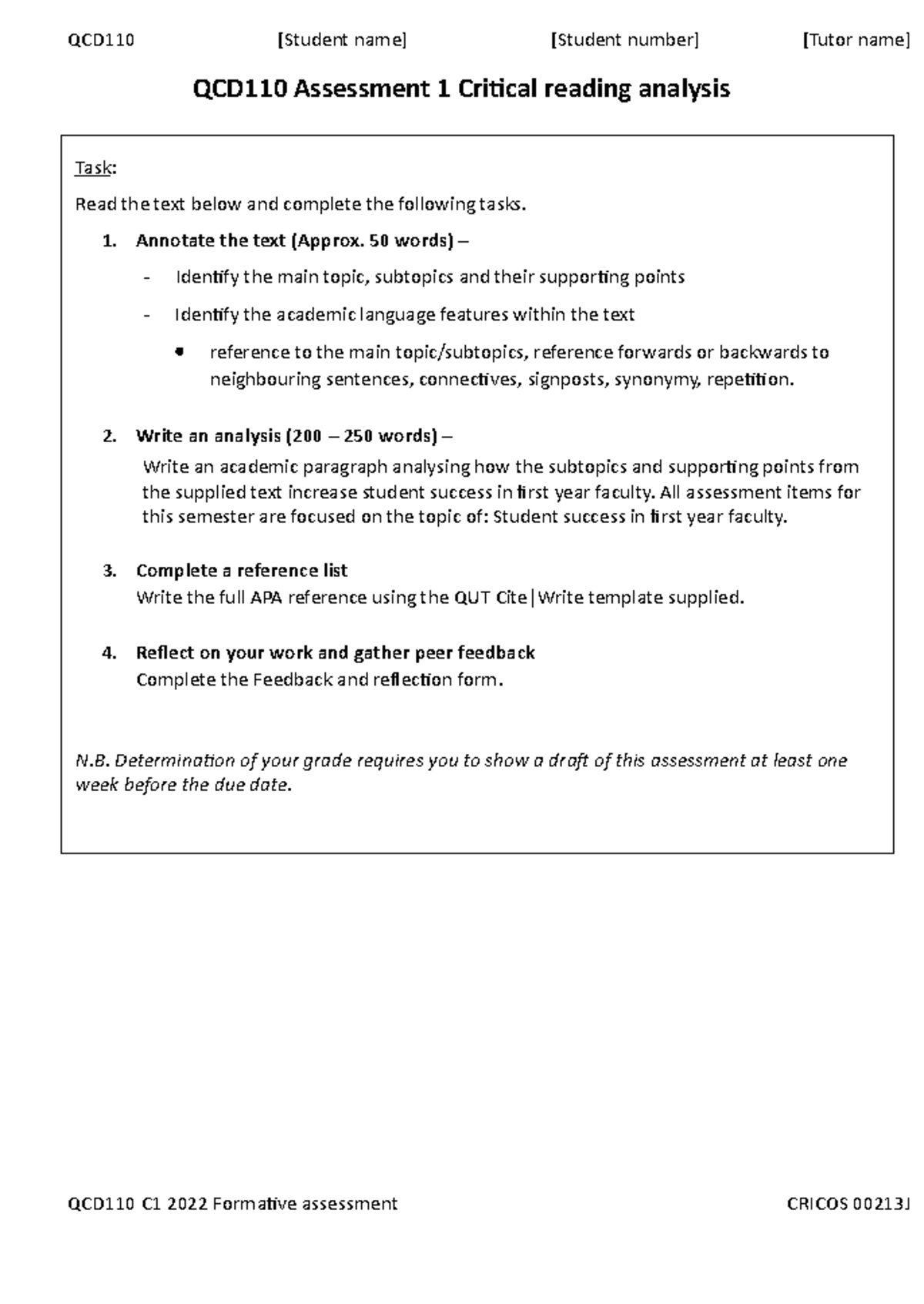 Critical reading analysis C1 2022 - QCD110 Assessment 1 Critical ...
