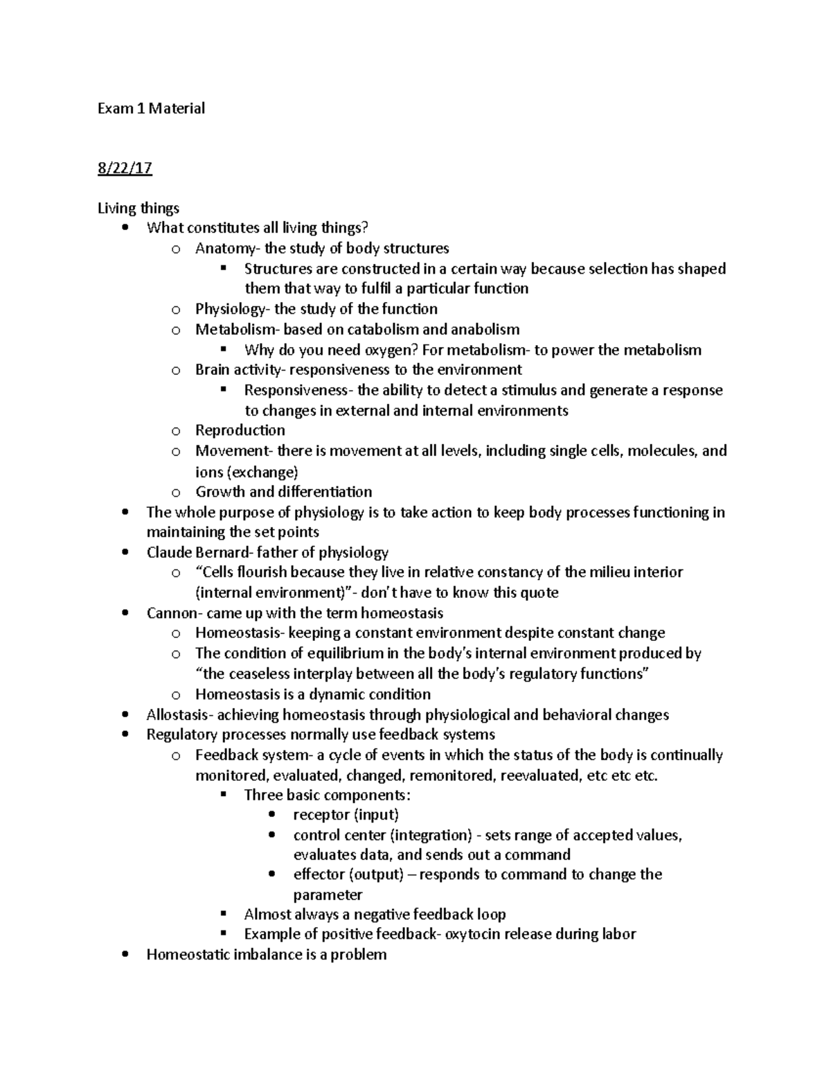 Mammalian Physiology Exam 1 Notes - Exam 1 Material 8/22/17 Living ...