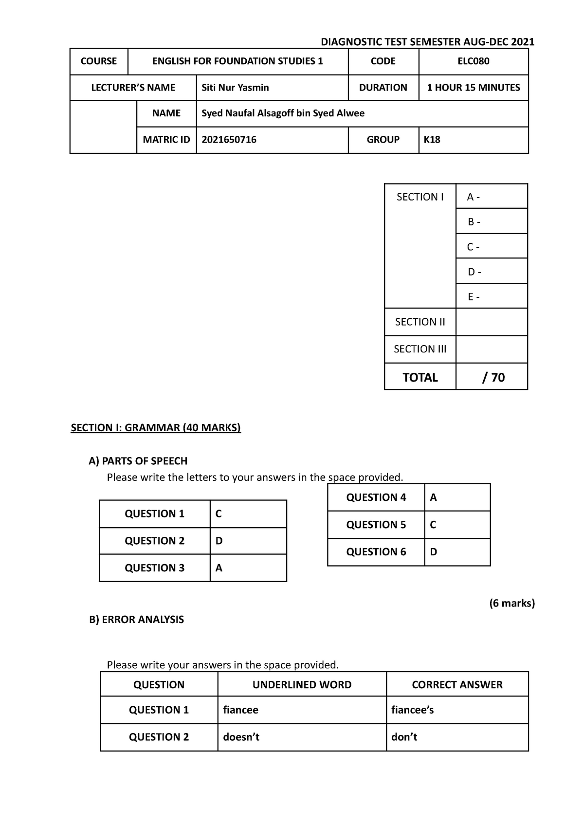 Diagnostic English Test - Answer Template - DIAGNOSTIC TEST SEMESTER ...