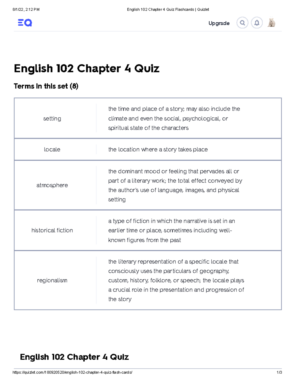 English 102 Chapter 4 Quiz Flashcards Quizlet 8 1 22 2 12 PM English 