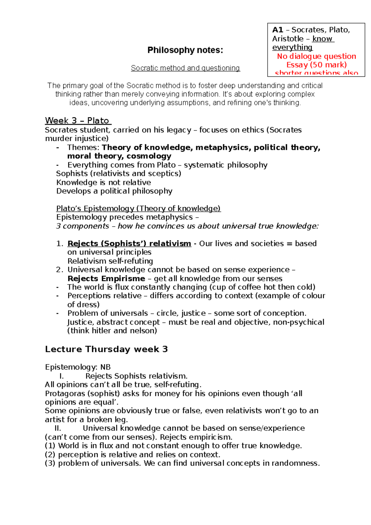 Philosophy 144 lecture notes - Philosophy notes: Socratic method and ...