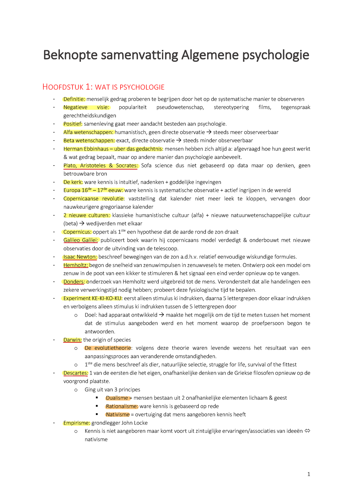 Ap Beknopt 1-4 - Beknopte Samenvatting Algemene Psychologie HOOFDSTUK 1 ...