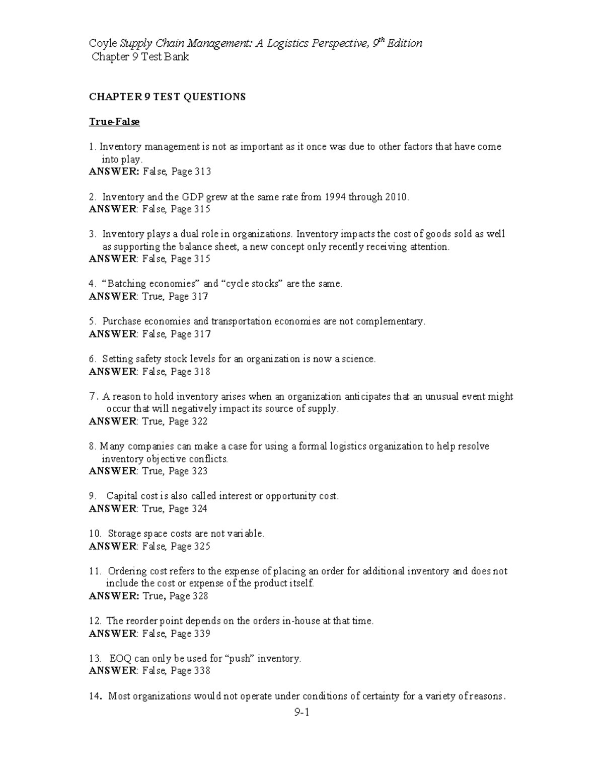 137628686 Supply Chain Management Chapter 9 - Chapter 9 Test Bank ...