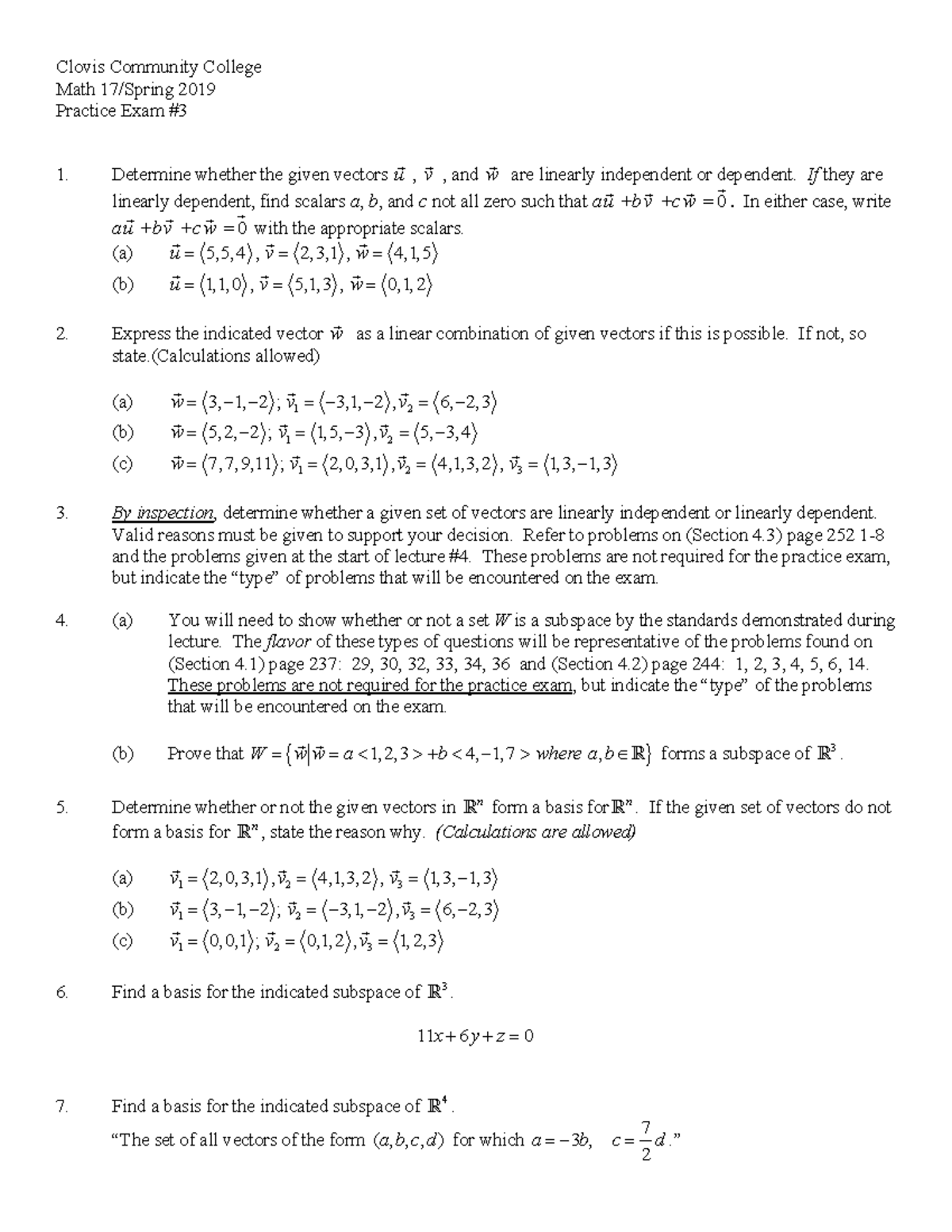 Math 17 Practice Exam 31 Clovis Community College Math 17/Spring