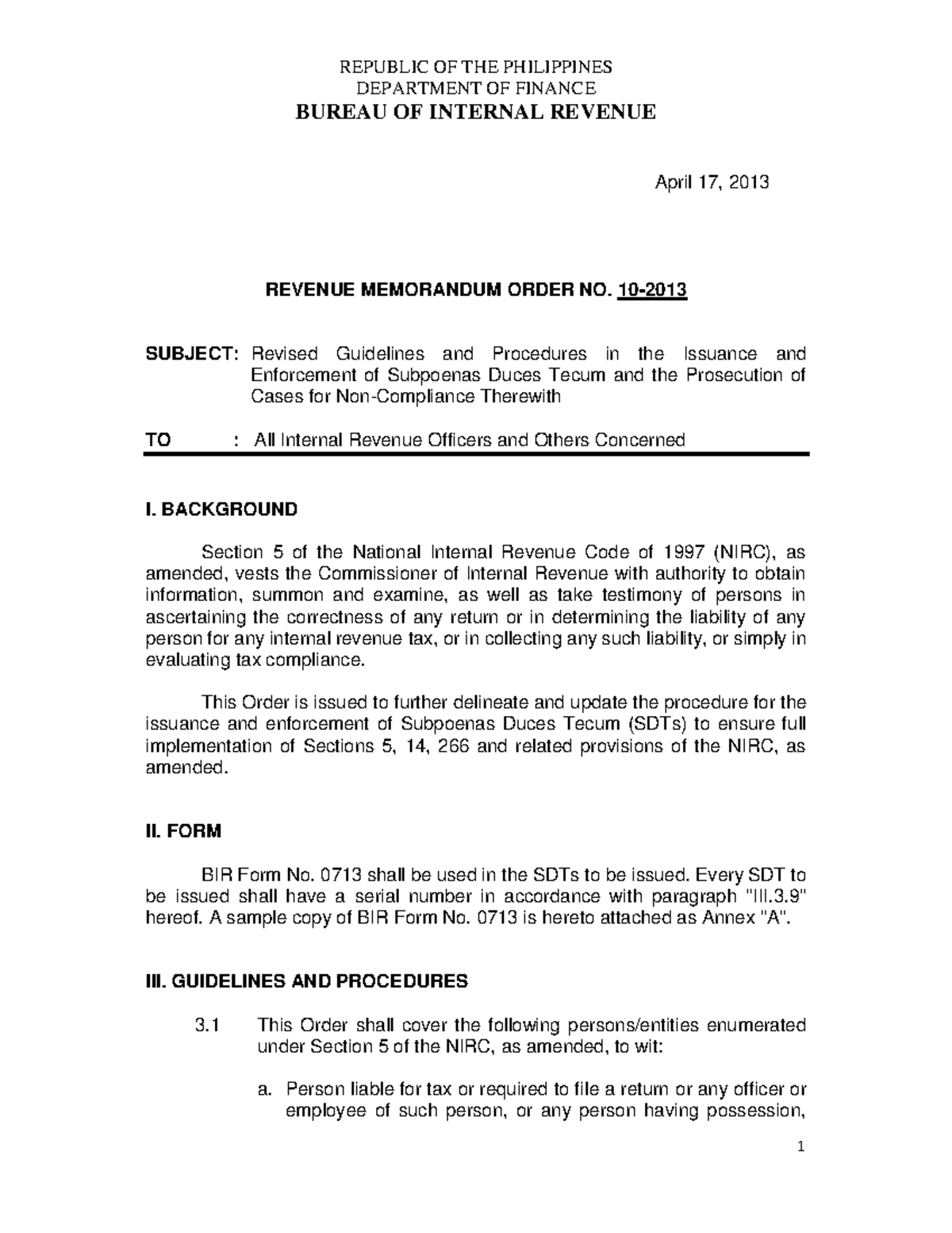 70162 RMO 10-2013 - Revenue Memorandum Order No. 10-2013 - REPUBLIC OF ...