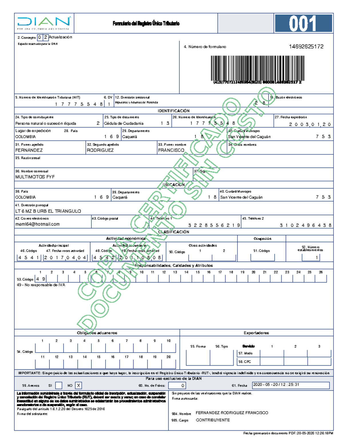 RUT 2020 - DIAN - Fecha expedición Exportadores Para uso exclusivo de ...