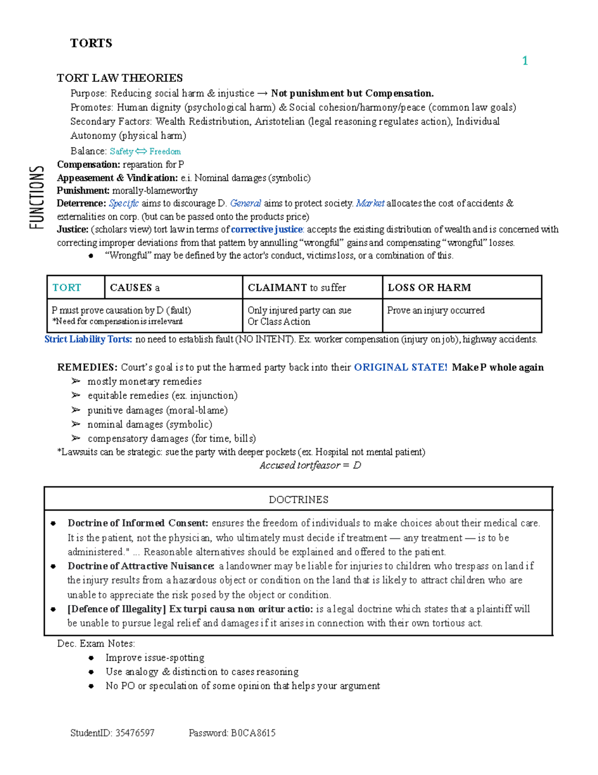 Torts lecture notes whole class material - 1 TORT LAW THEORIES Purpose ...