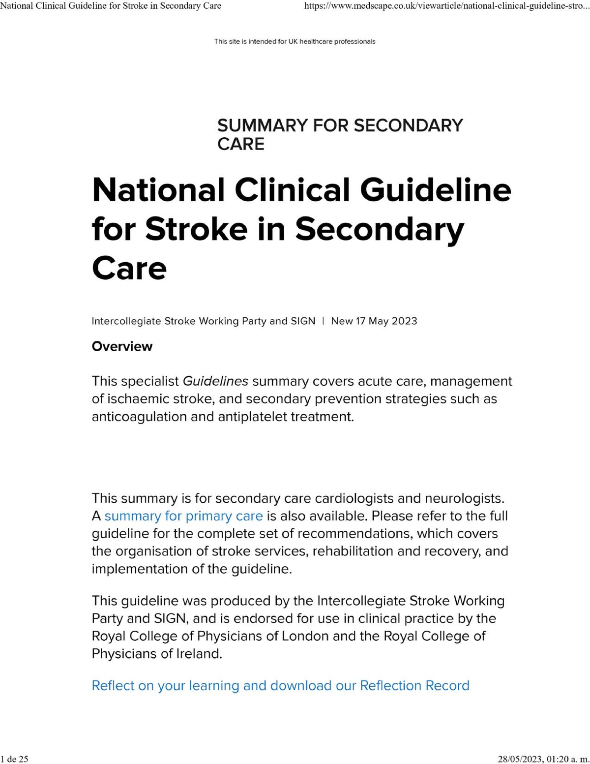 National Clinical Guideline For Stroke In Secondary Care - Medicina ...