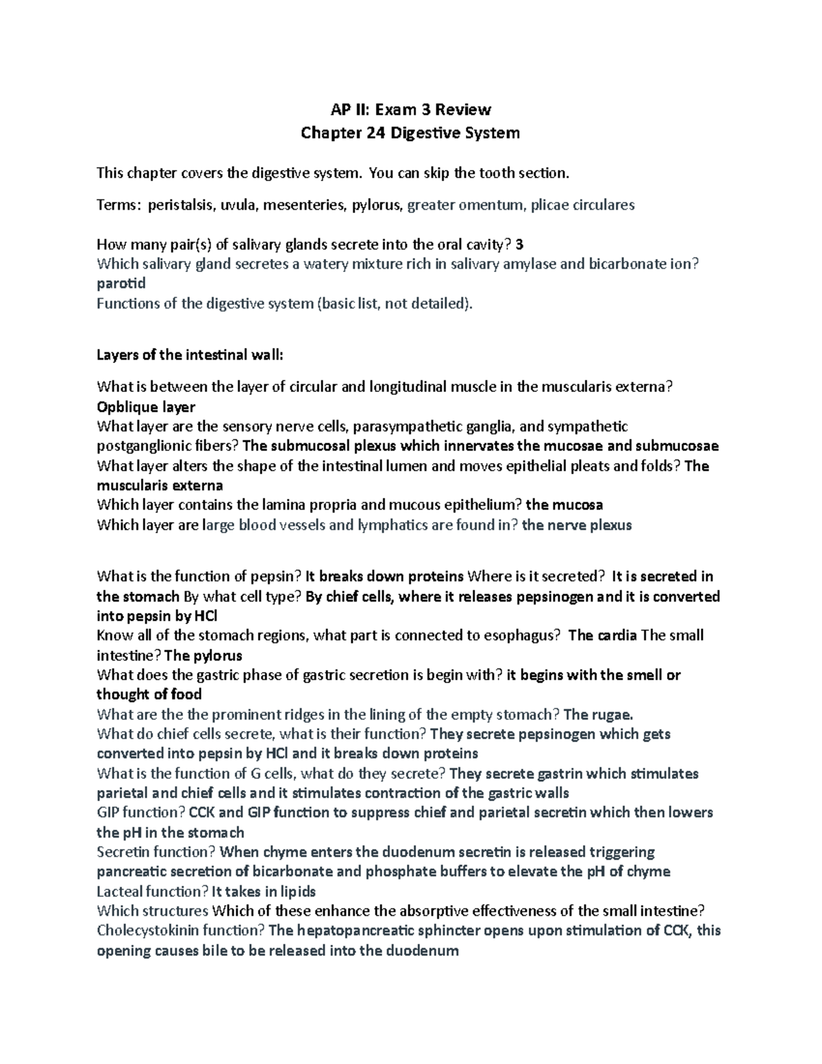 Exam 3 Review 24 - AP II: Exam 3 Review Chapter 24 Digestive System ...