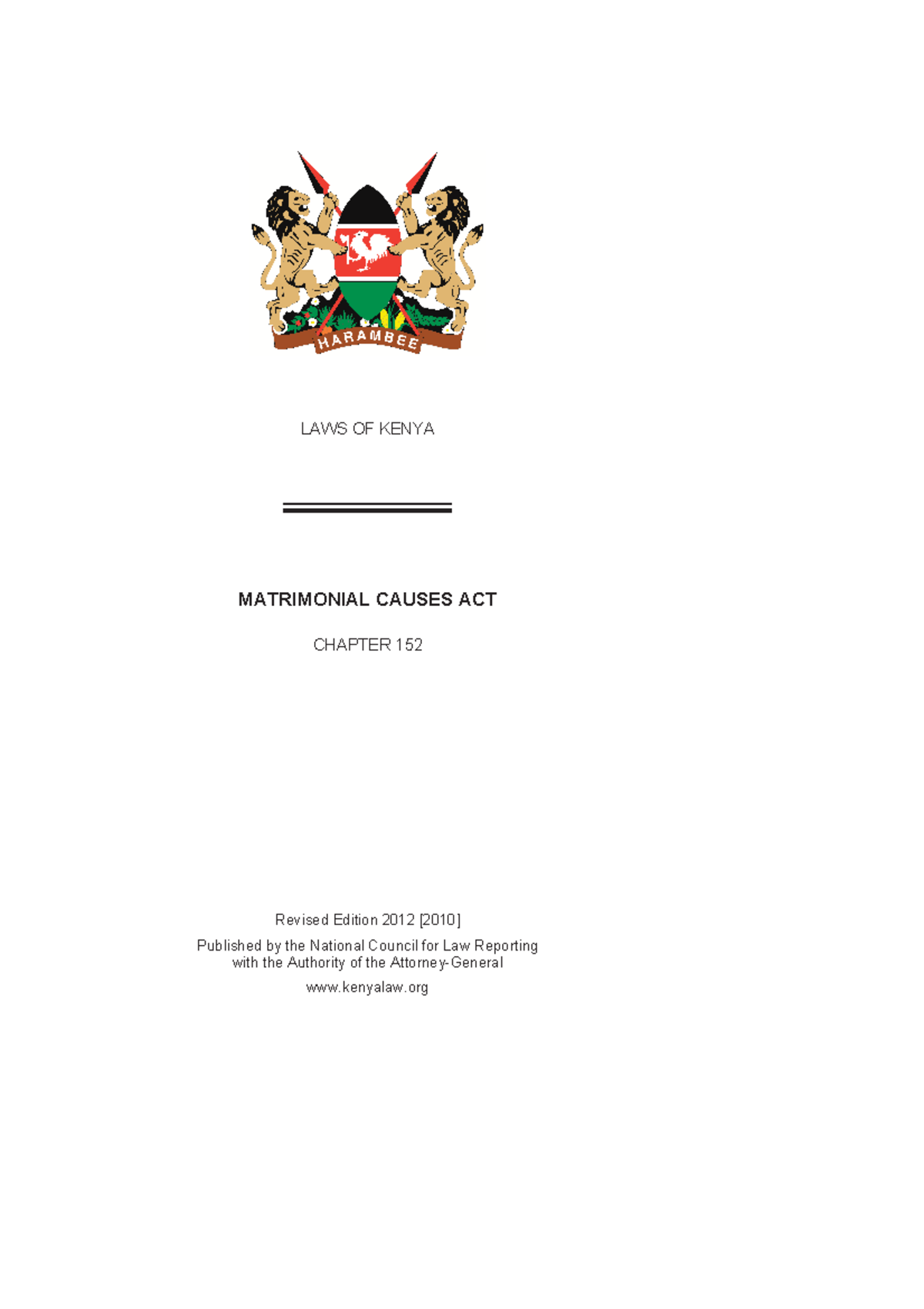 Matrimonial Causes Act Cap152 LAWS OF KENYA MATRIMONIAL CAUSES ACT