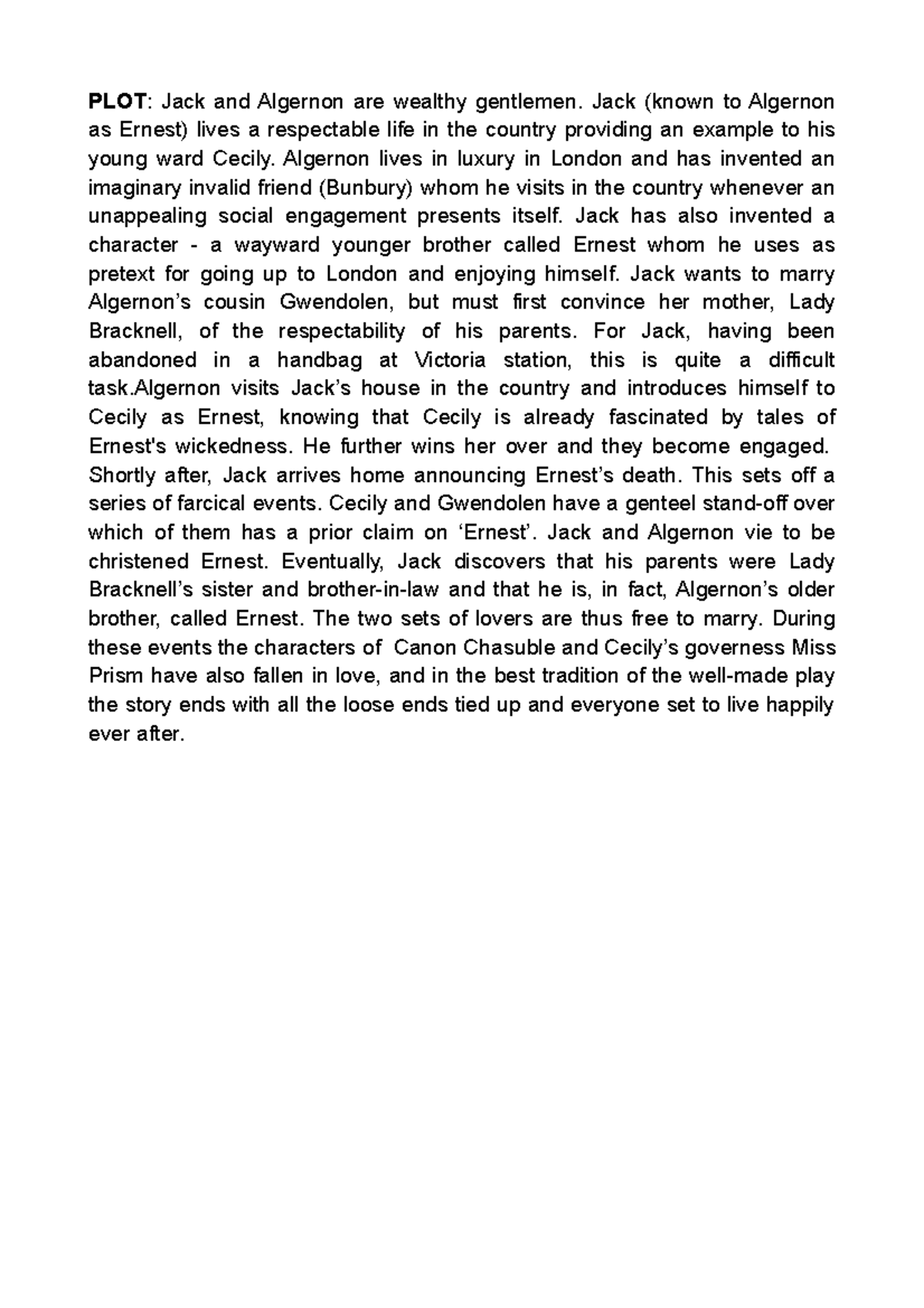 The Importance of Being Earnest A homoerotic reading PLOT Jack and