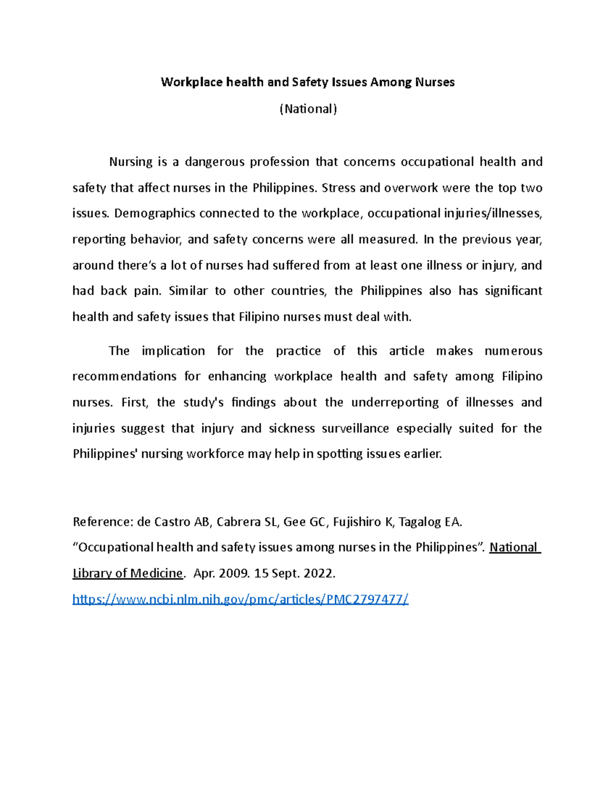 Workplace health and Safety Issues Among Nurses Workplace health and Safety Issues Among