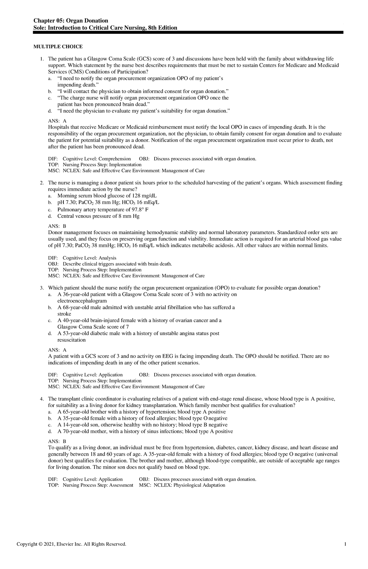 Exam View - Chapter 05 - Critical Care - Copyright © 2021, Elsevier Inc ...