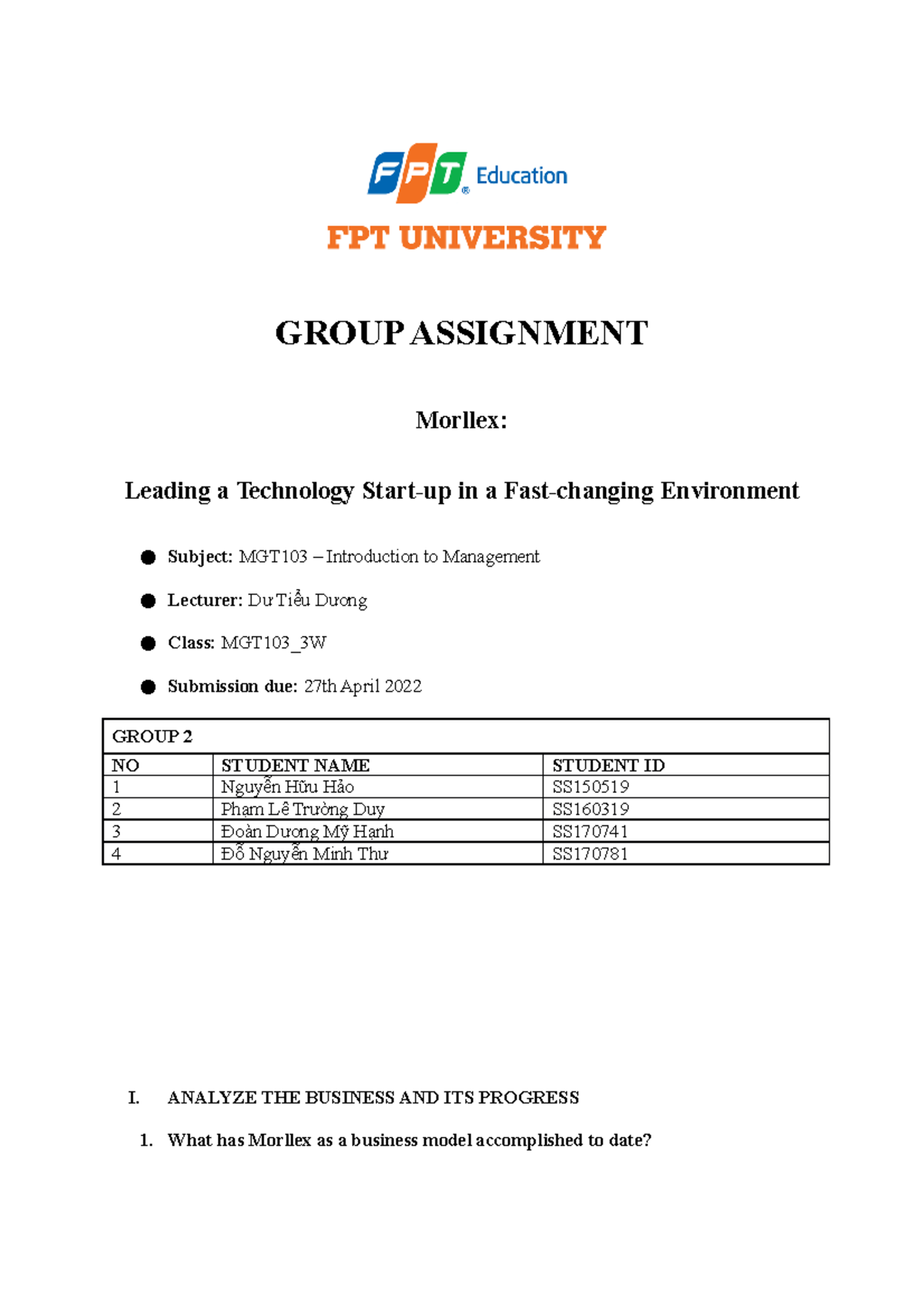 MGT103 - Group Assignment - GROUP ASSIGNMENT Morllex: Leading A ...