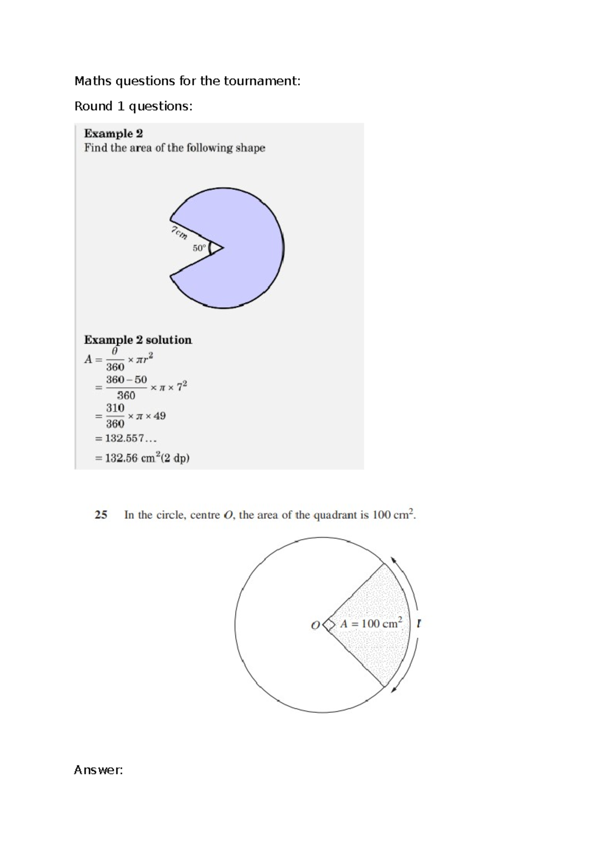 Maths questions for the tournament - Studocu