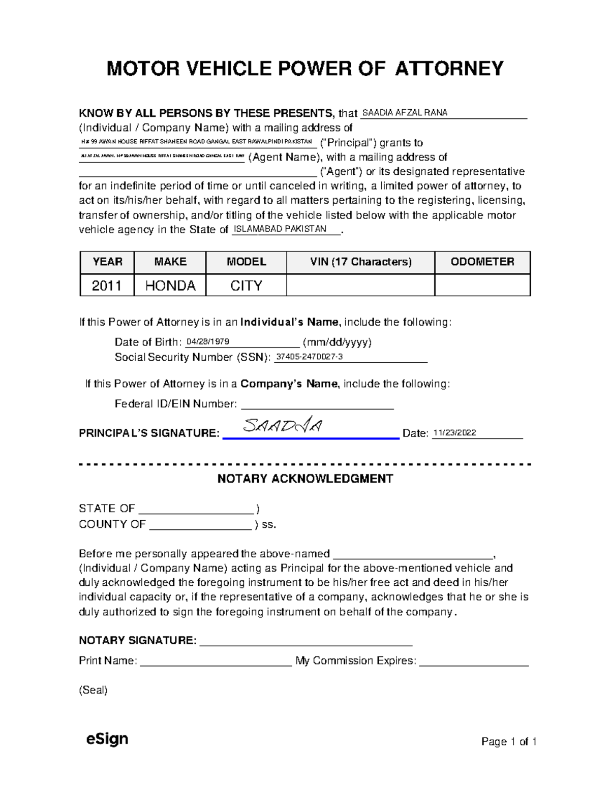 Motor Vehicle Power of Attorney Form - Page 1 of 1 MOTOR VEHICLE POWER ...