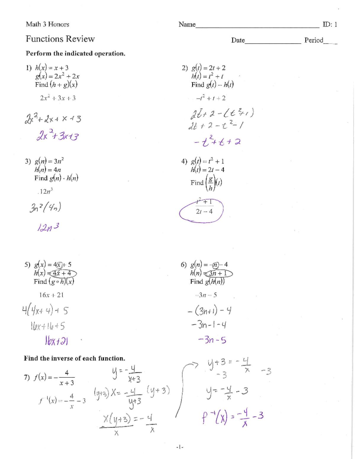 Functions Review Sheet Solutions - Math 3 Honors Functions Review ...