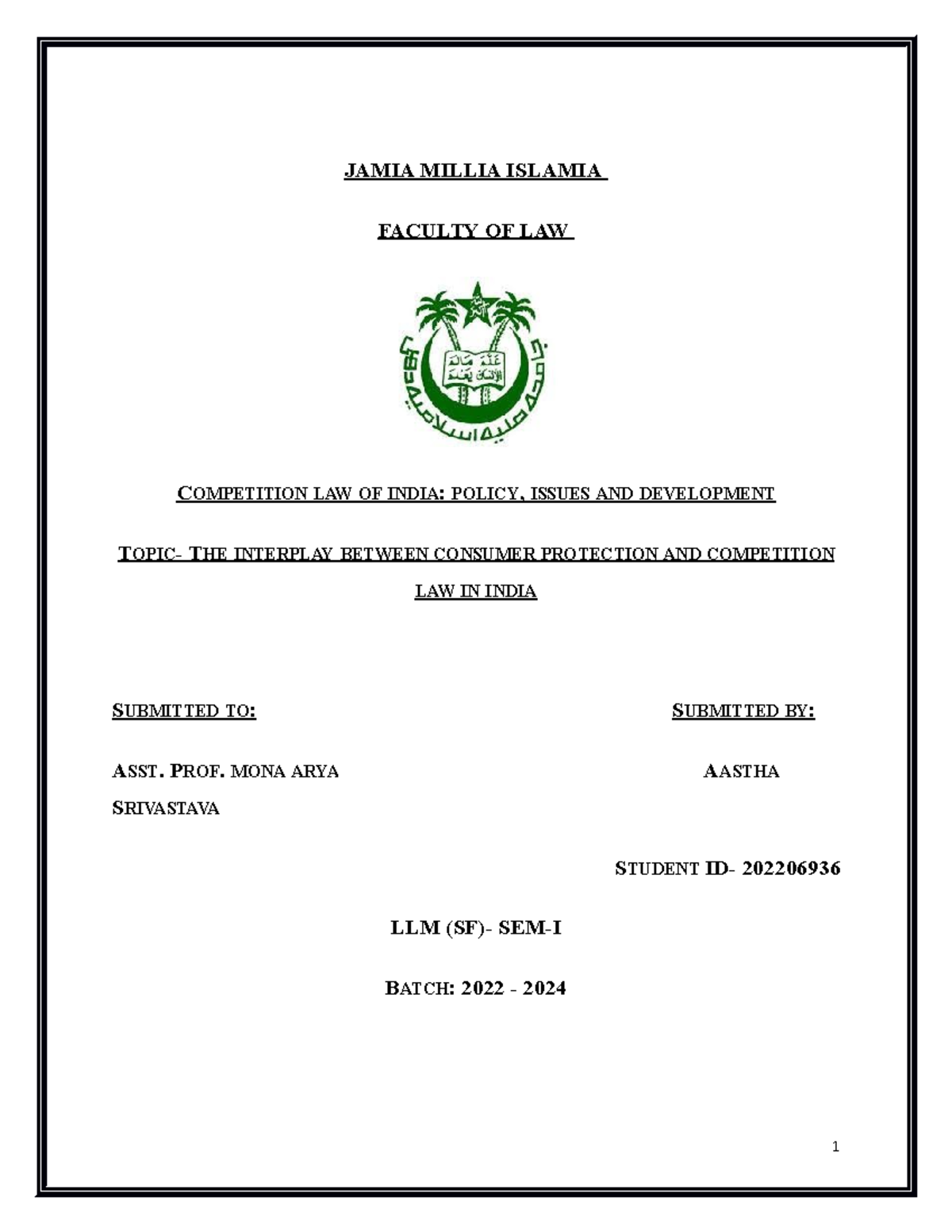 Competition law research paper JAMIA MILLIA ISLAMIA FACULTY OF LAW