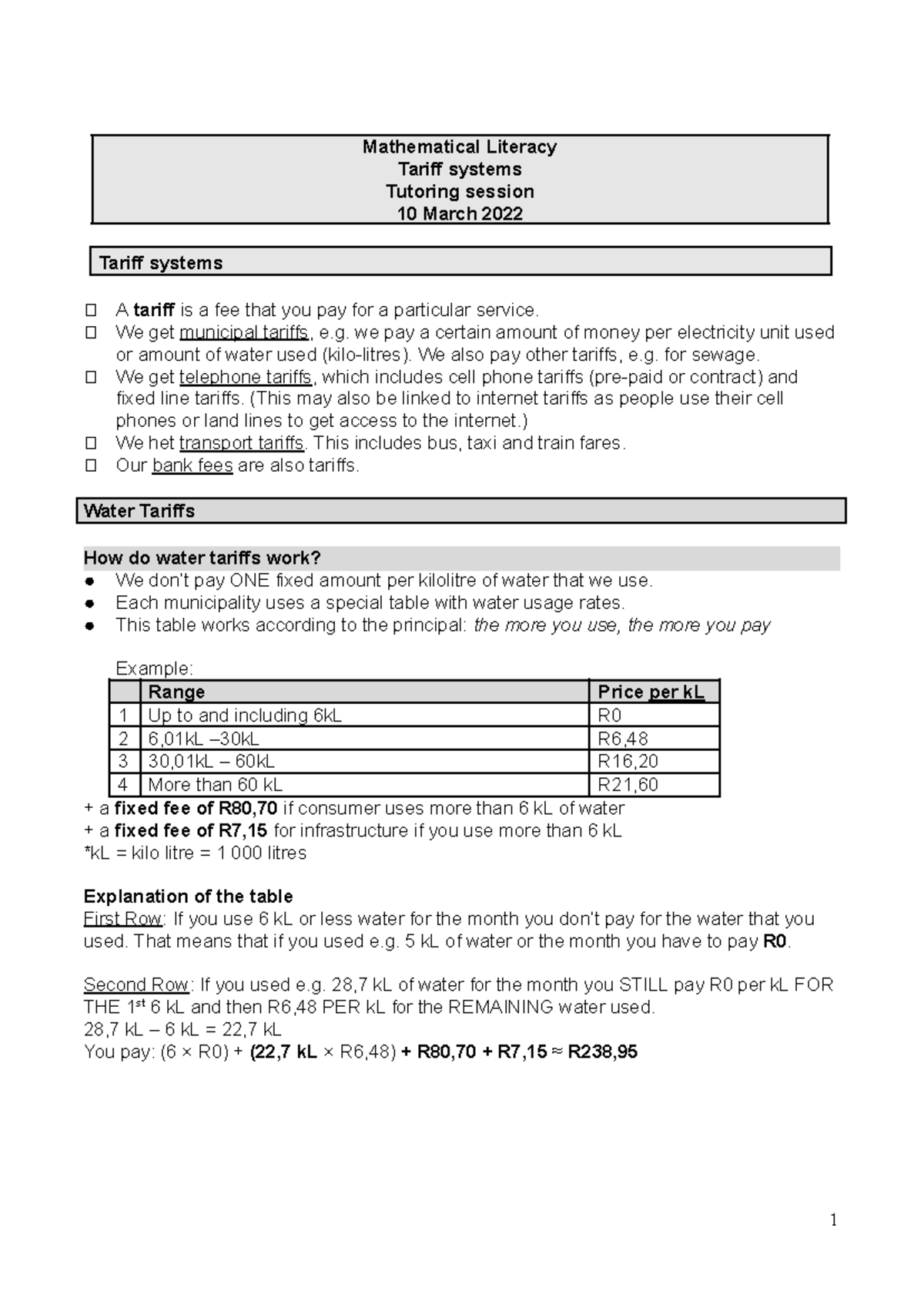 Tutoring Thursday 10 March - Mathematical Literacy Tariff systems ...