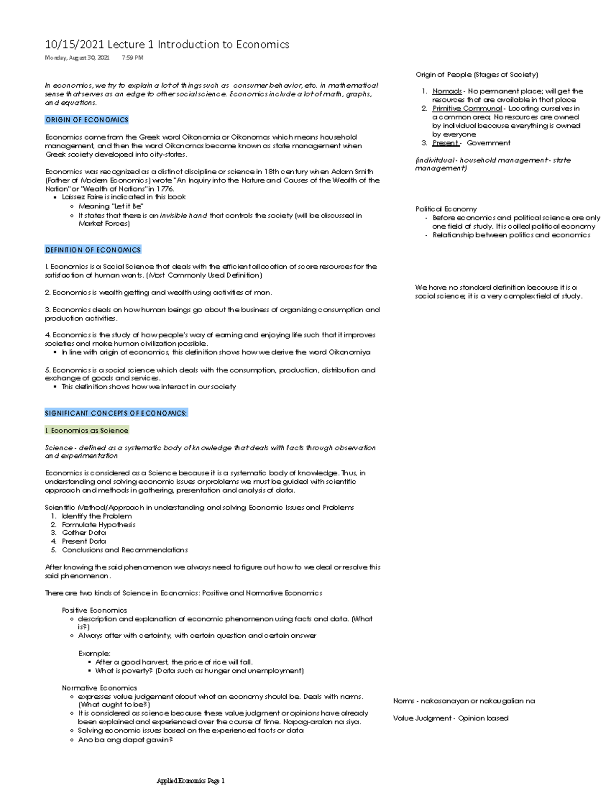 002 Chapter 1 Notes 1 - Introduction to Economics - In economics, we ...