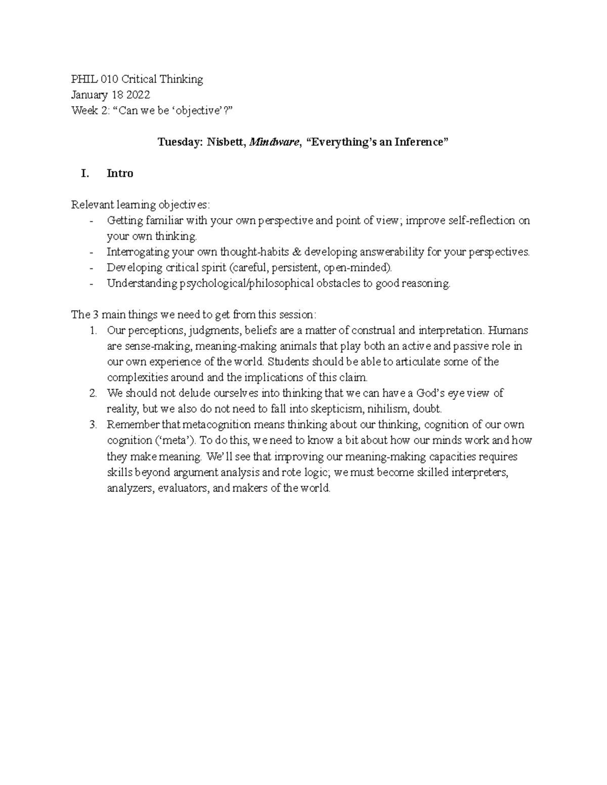 PHIL 010 Notes 1 from feb 2 - PHIL 010 Critical Thinking January 18 ...