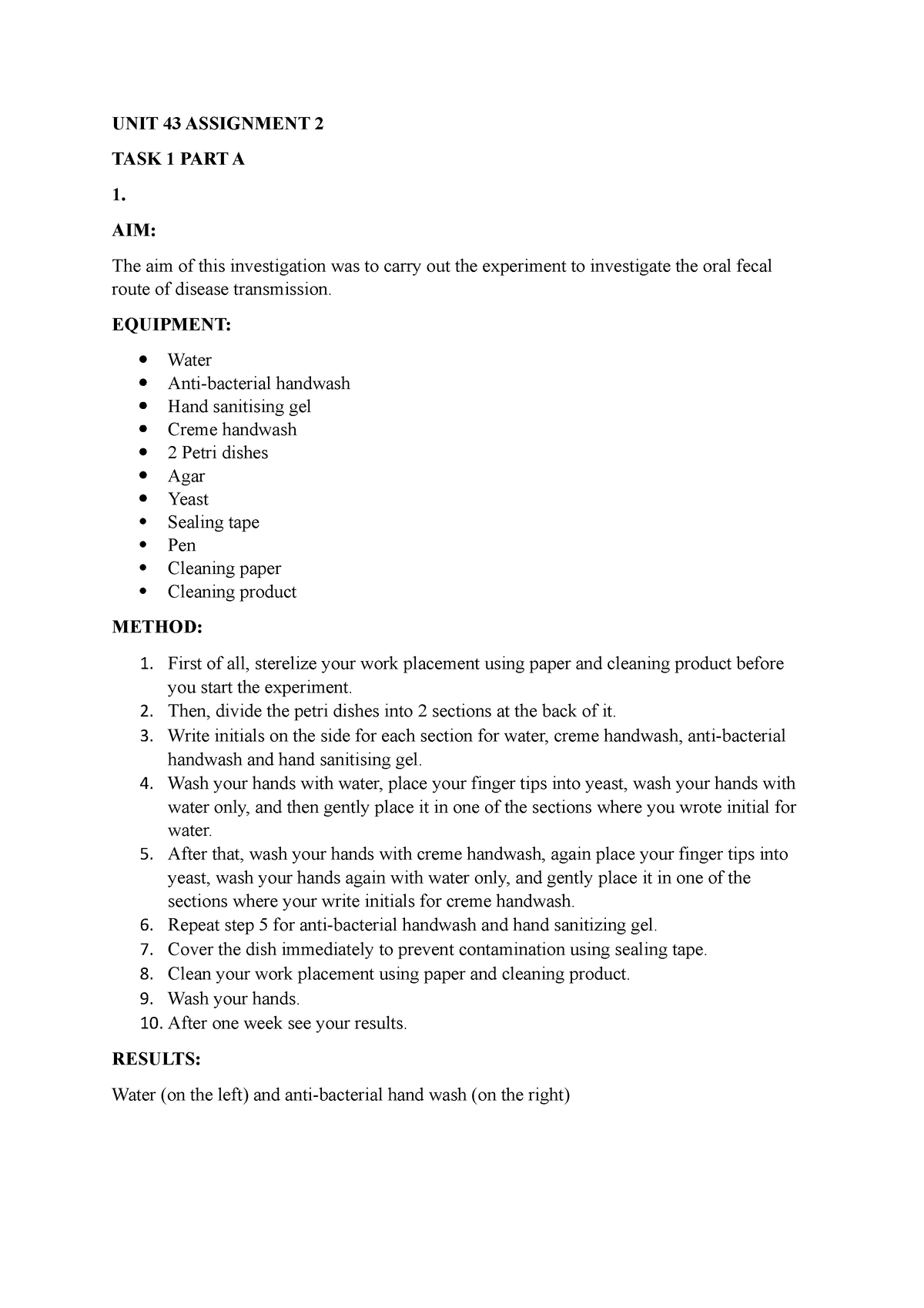 The oral fecal route of disease transmission lab report - UNIT 43 ...