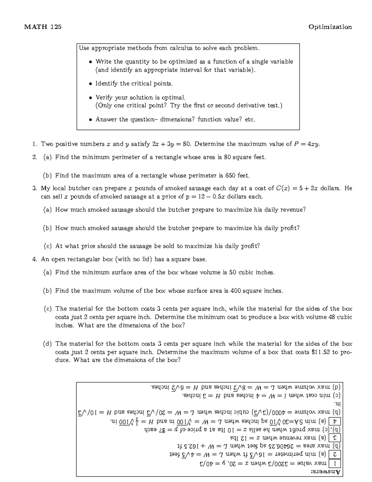 Optimization - MATH 125 Optimization Use appropriate methods from ...