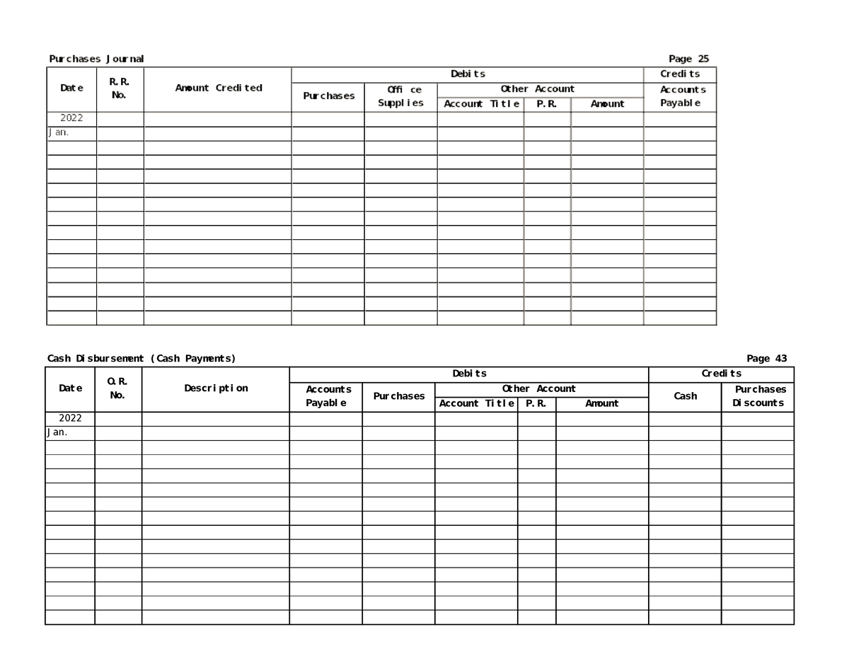 Special Journal Template - Cash Di Sbur Sement ( Cash Payment S) Page 